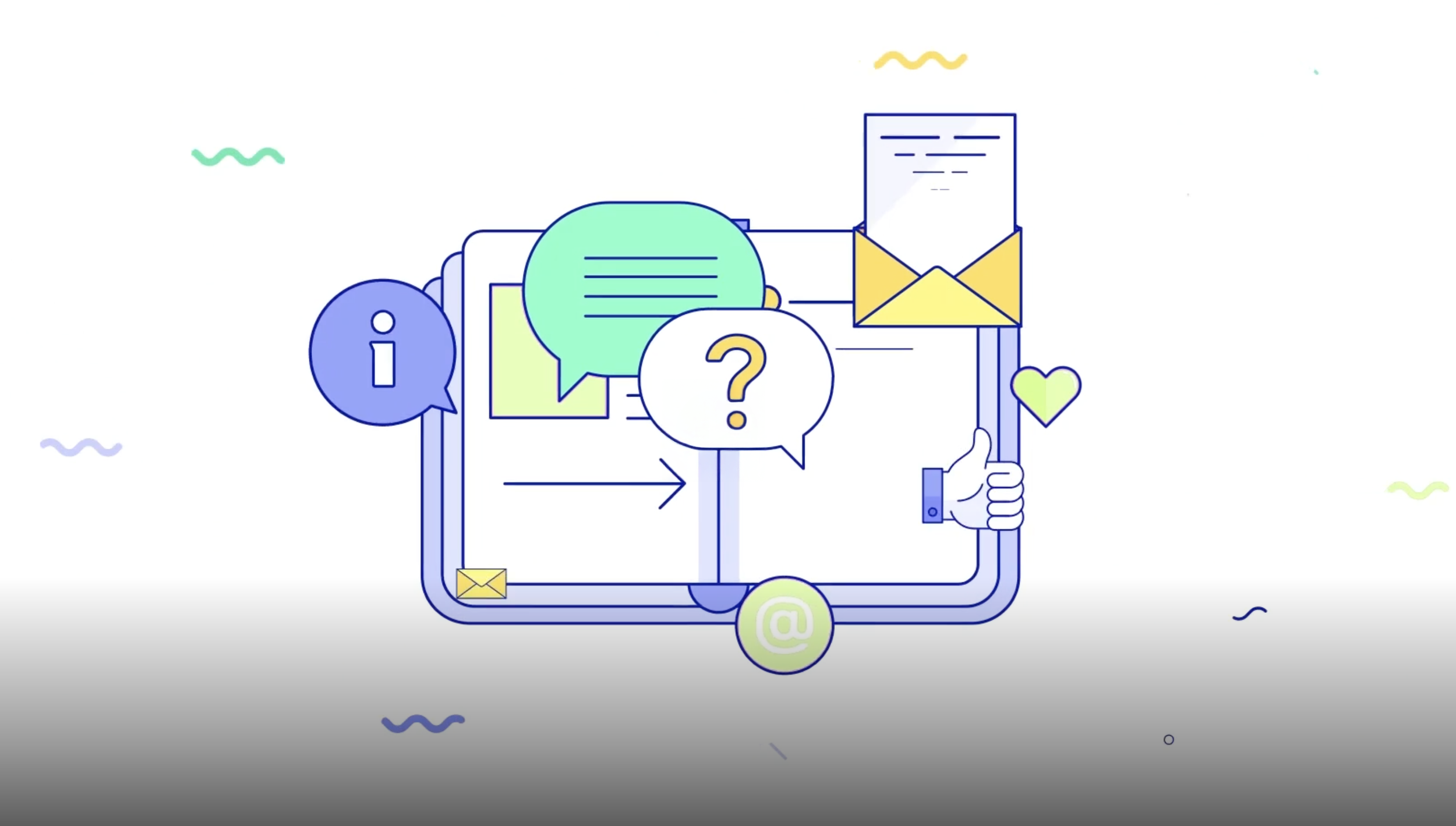 Illustration of a smartphone with various icons including an info circle, speech bubbles, an envelope, a question mark, and an at symbol, representing communication and messaging.