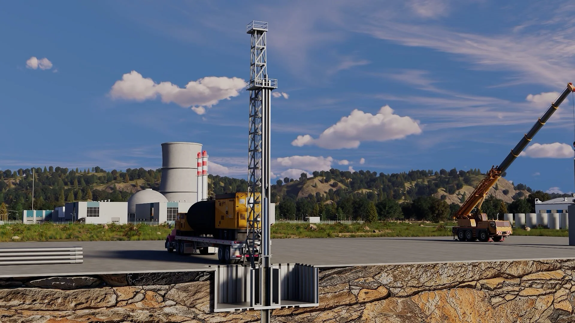 borewell drilling scene in an industrial 3D animation