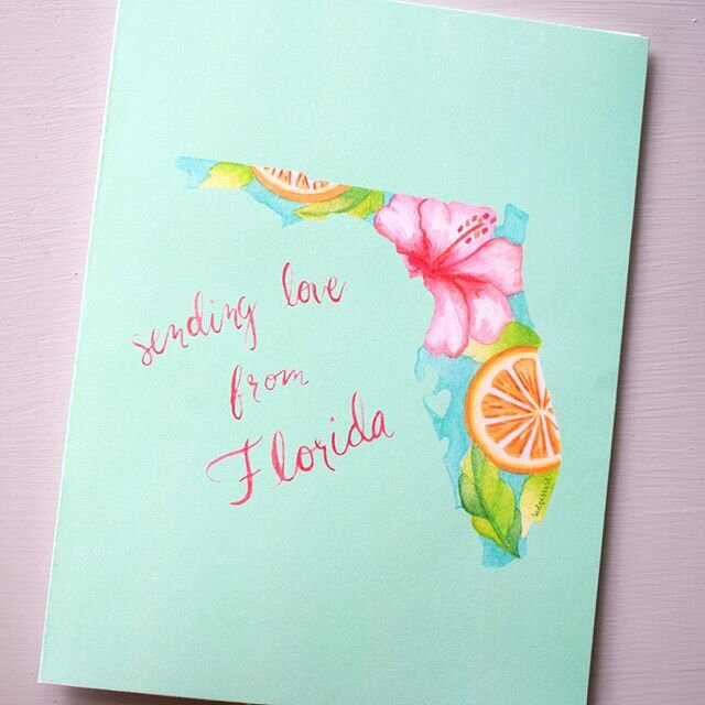 Sending love from Florida! *available in shop*
.
.
.
.
#sadgebrushdesigns #sendinglovefromfl #watercolorstationery #stationeryshop #stationerylove #cardsofinstagram #floridalife #floridaartist #teal #pink #sunshinestate #floridaoranges #greetingcards