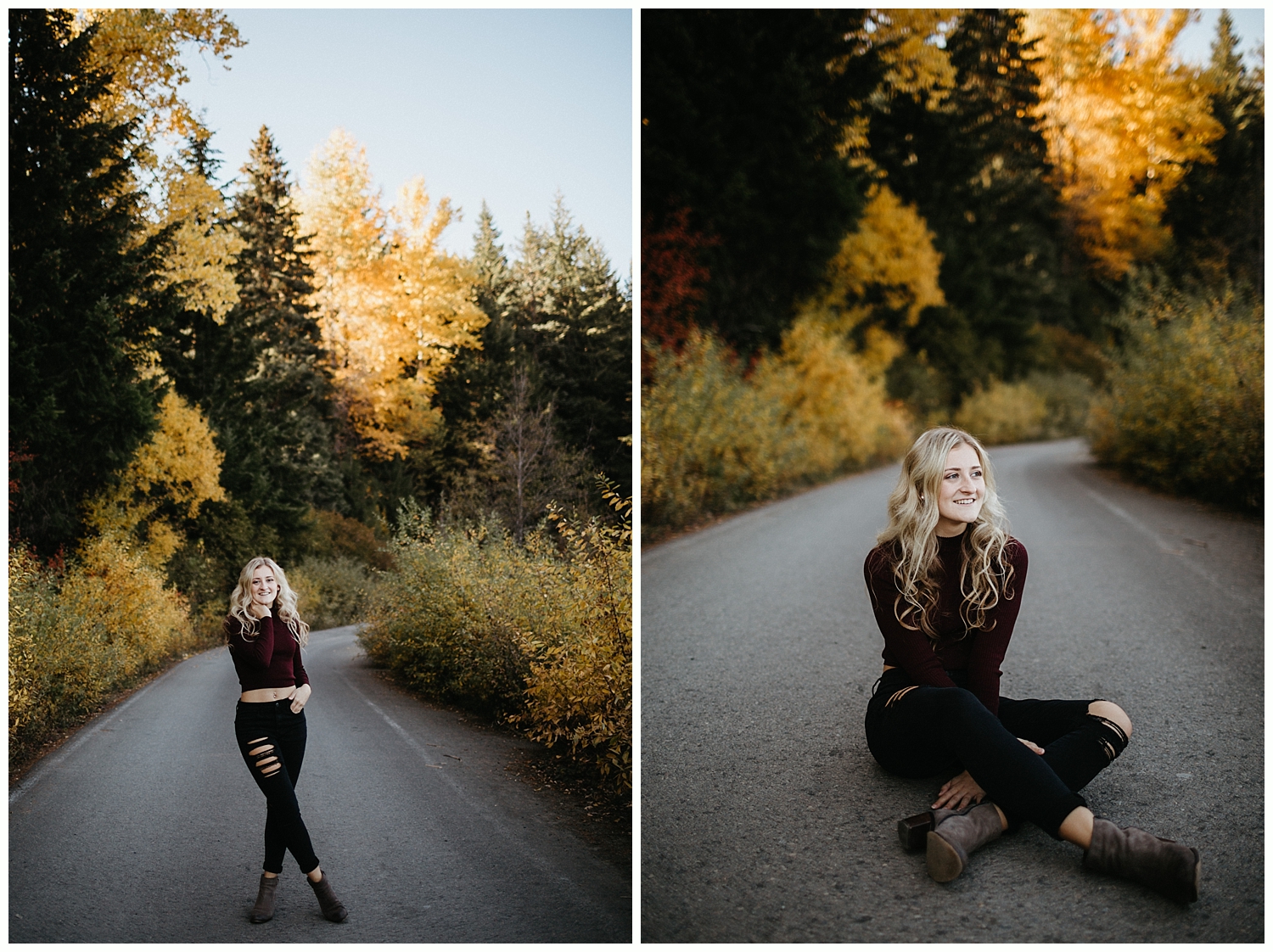  Girl standing in empty road with fall trees in the background. 