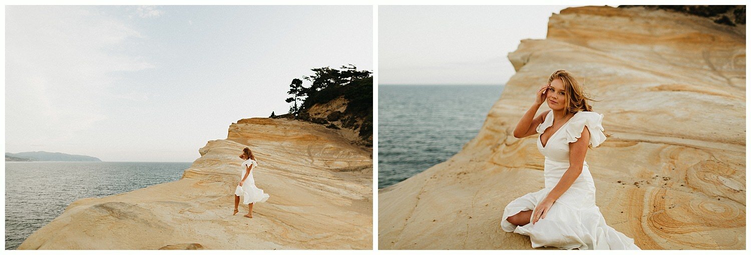  Red head girl wearing white Nasty Gal dress at an Oregon beach for her senior photos. 