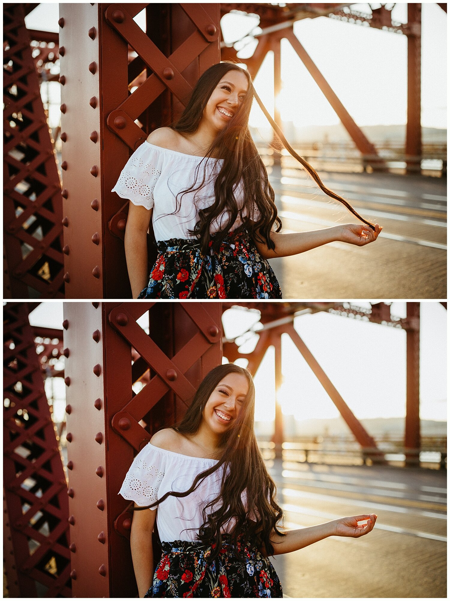  Backlit photo of high school girl smiling for her senior portraits. 
