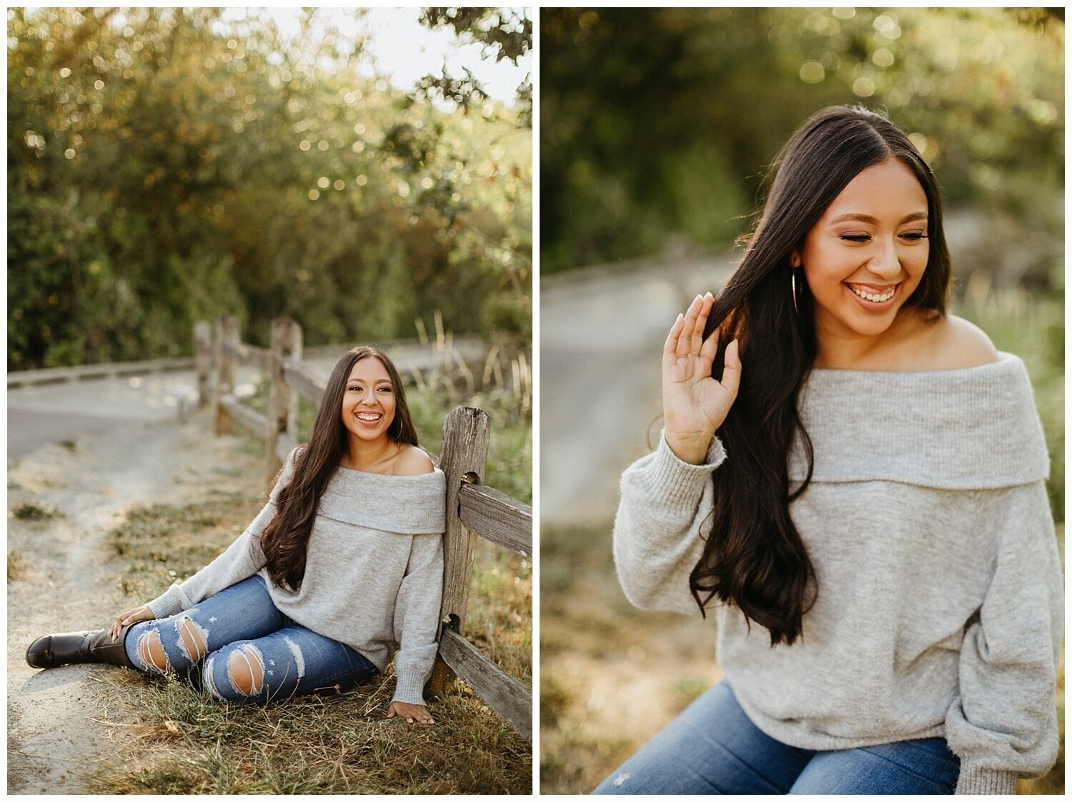  High school senior girl smiling while sitting down in a park. 