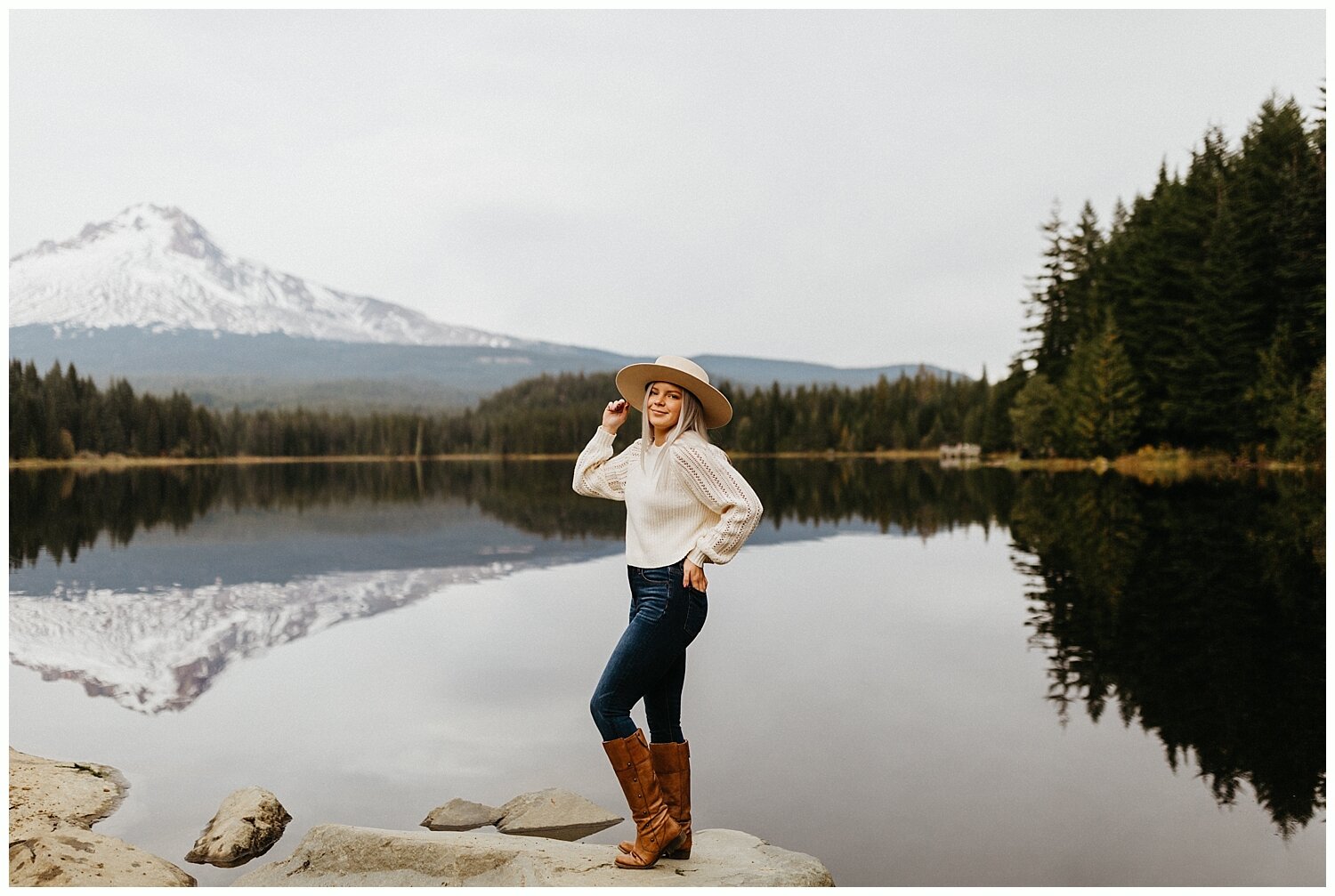  Senior portraits in front of Trillium Lake and Mt. Hood. 