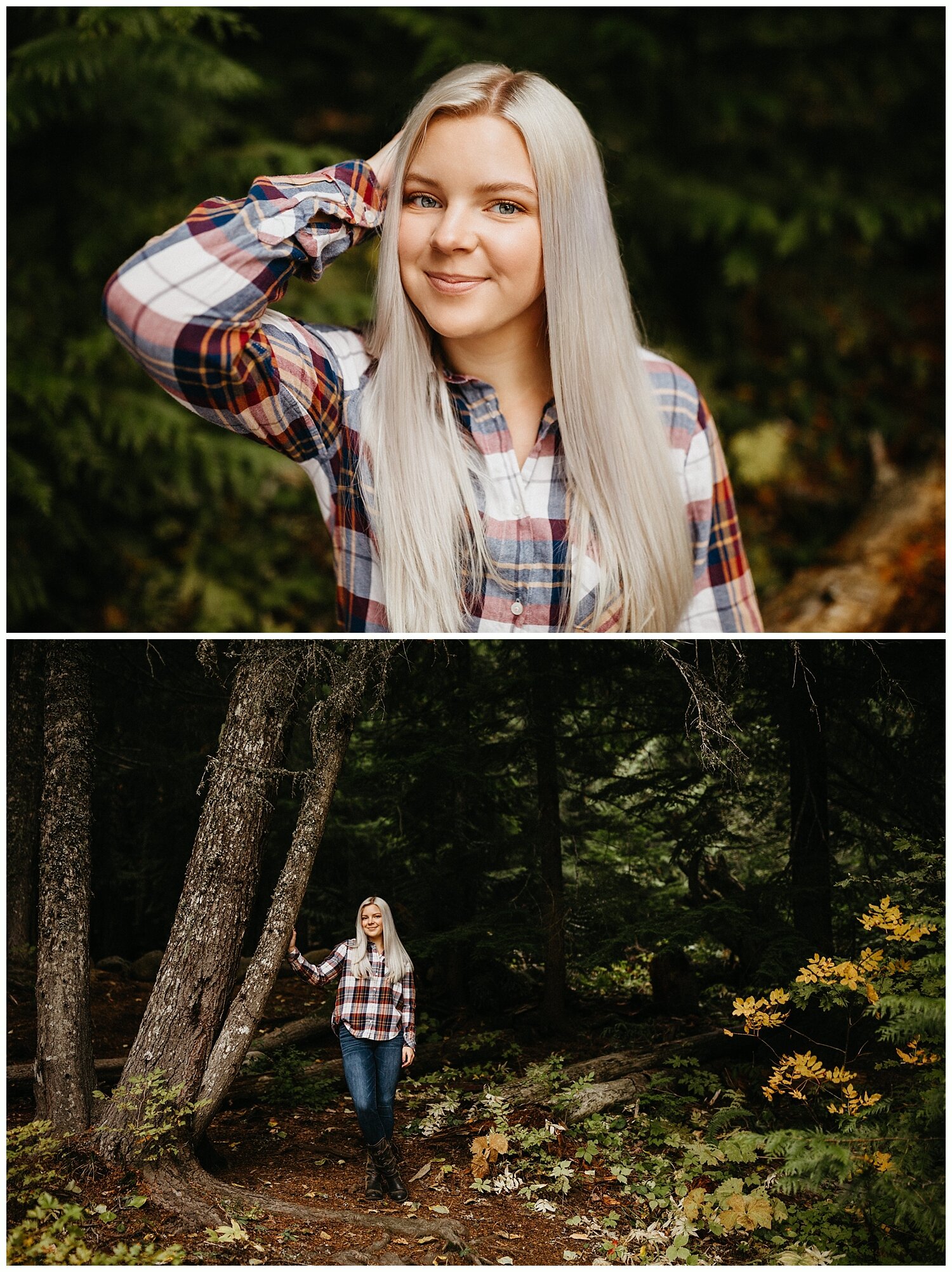  Girl smiling in Oregon forest for her senior portraits. 