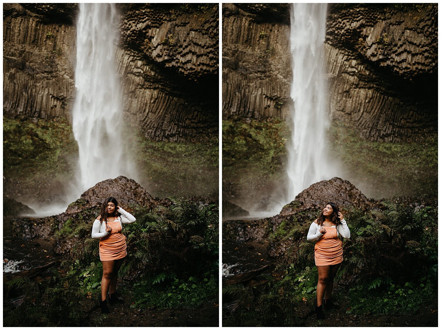  Girl wearing orange overalls in front of waterfall for her senior photos. 