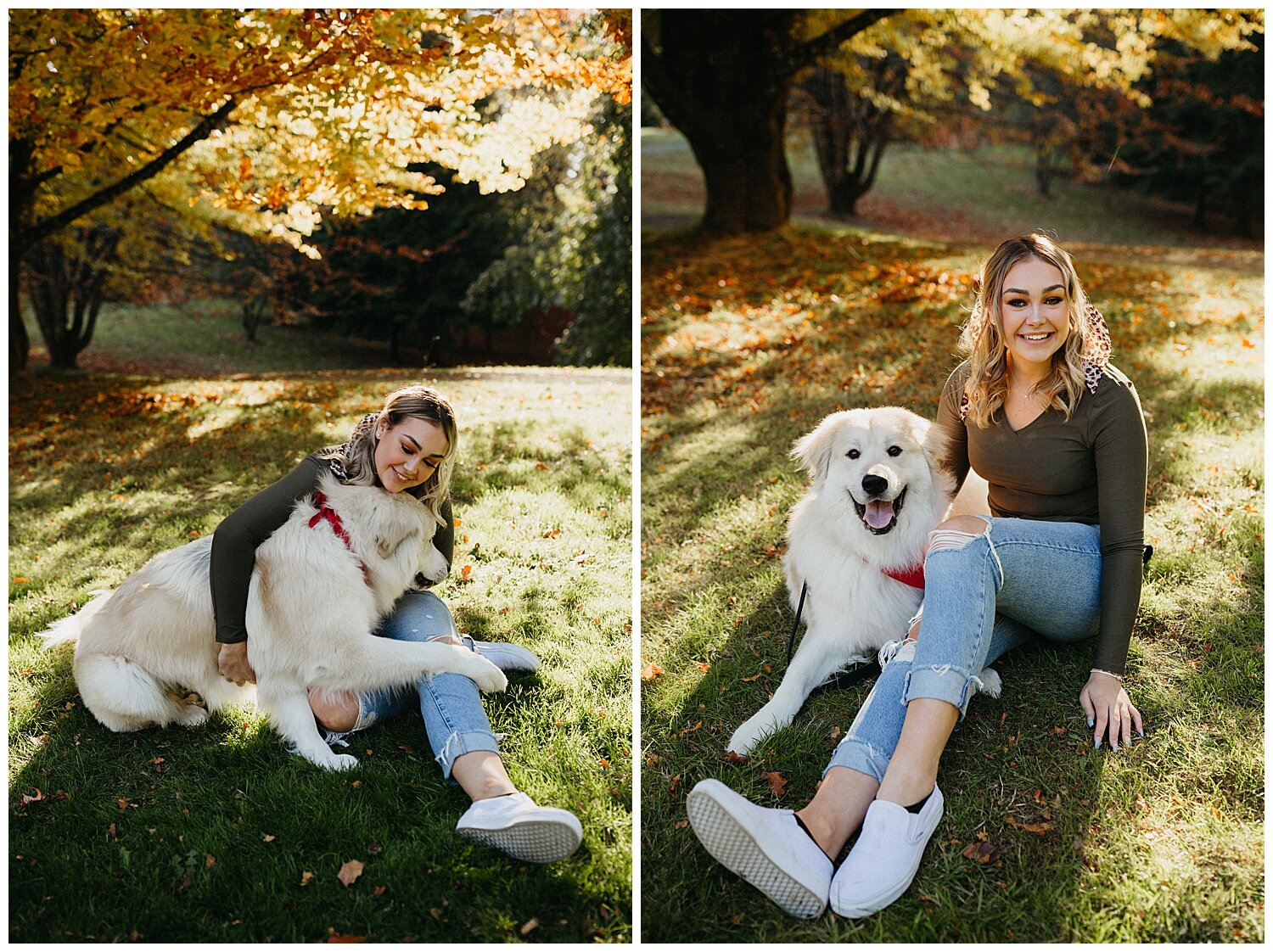  High school senior smiling with her dog for her senior photos. 