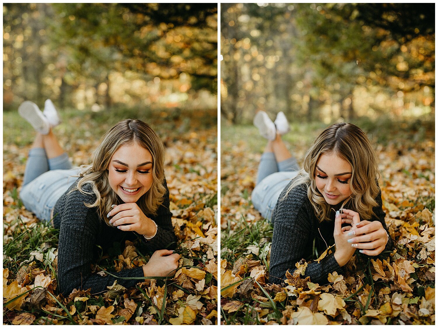  High school girl laying in pile of leaves for her portraits. 