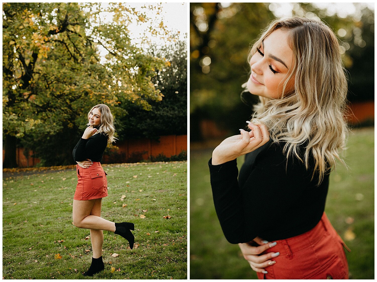  Blonde girl wearing an orange skirt for her fall pictures. 