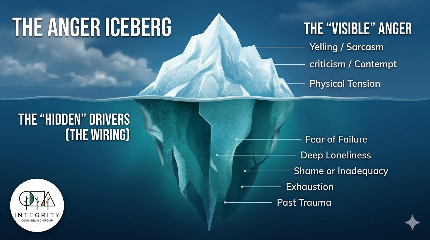 A diagram of an iceberg with descriptions of what's often underneath the "surface" of anger.