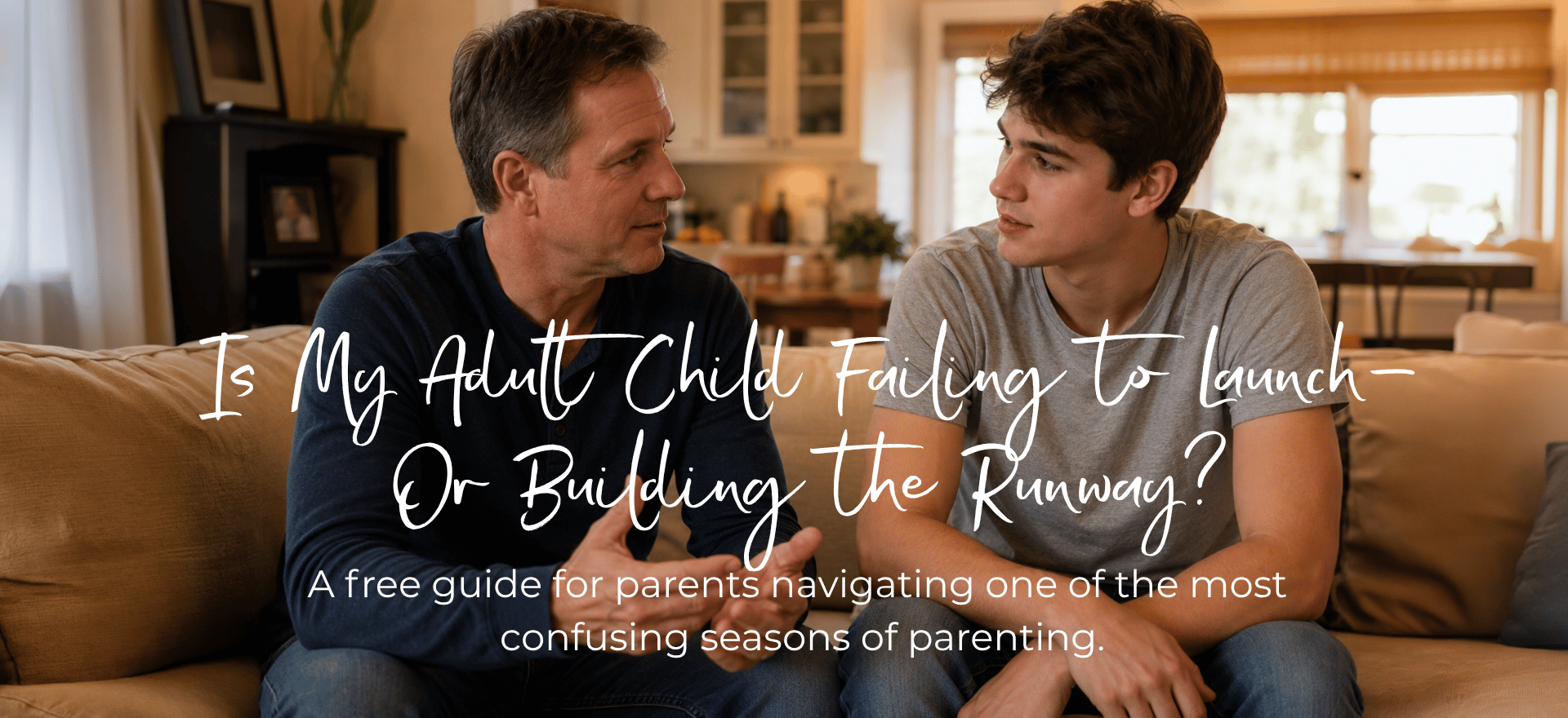 Parent and adult child having a thoughtful conversation at home.