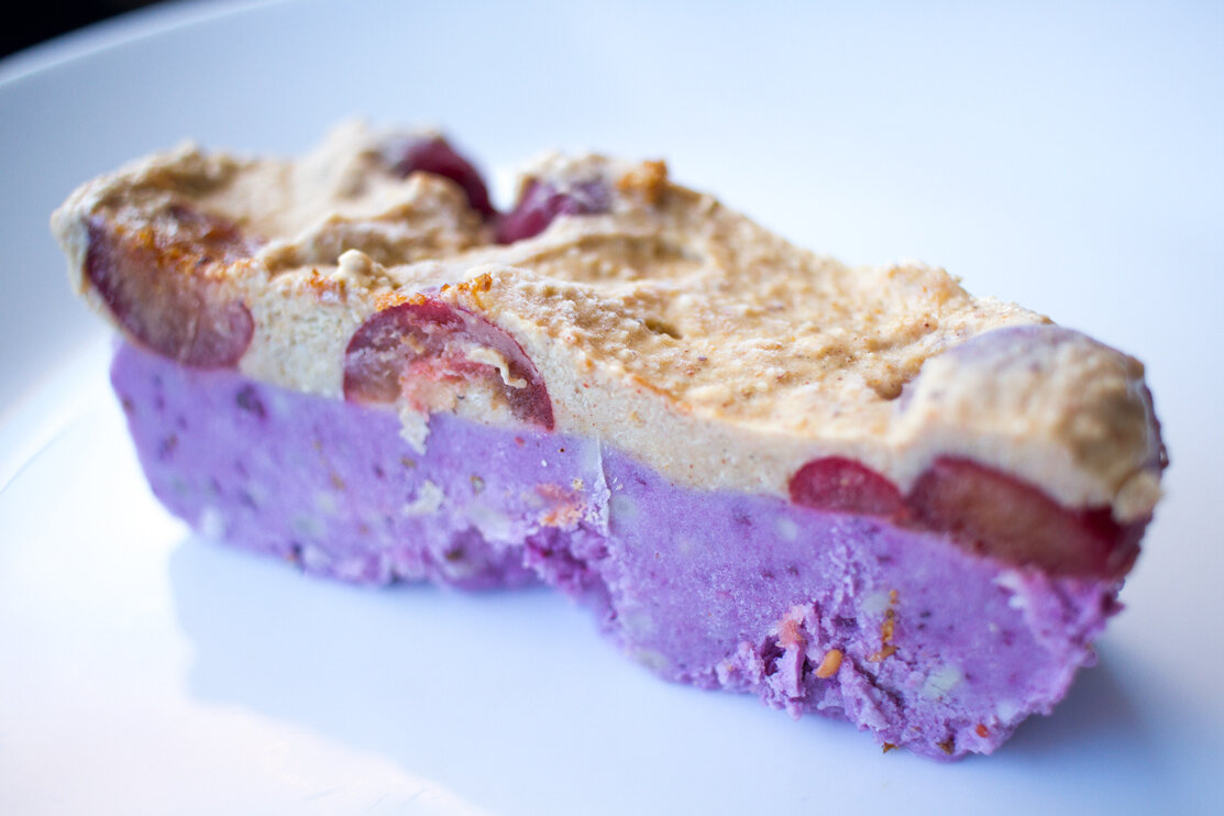 vegan gf cheese blueberry and cherries with peanut butter oat topping cheese cake