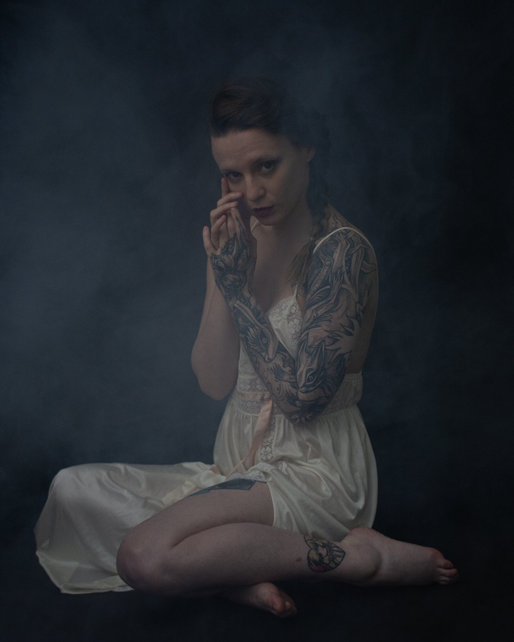 In white on black 1 of 3 studio portraits of Fox Chalker 11-2-2023 Alexander K Harris photography