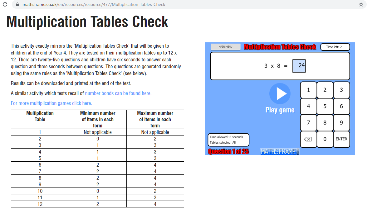 Times tables practise