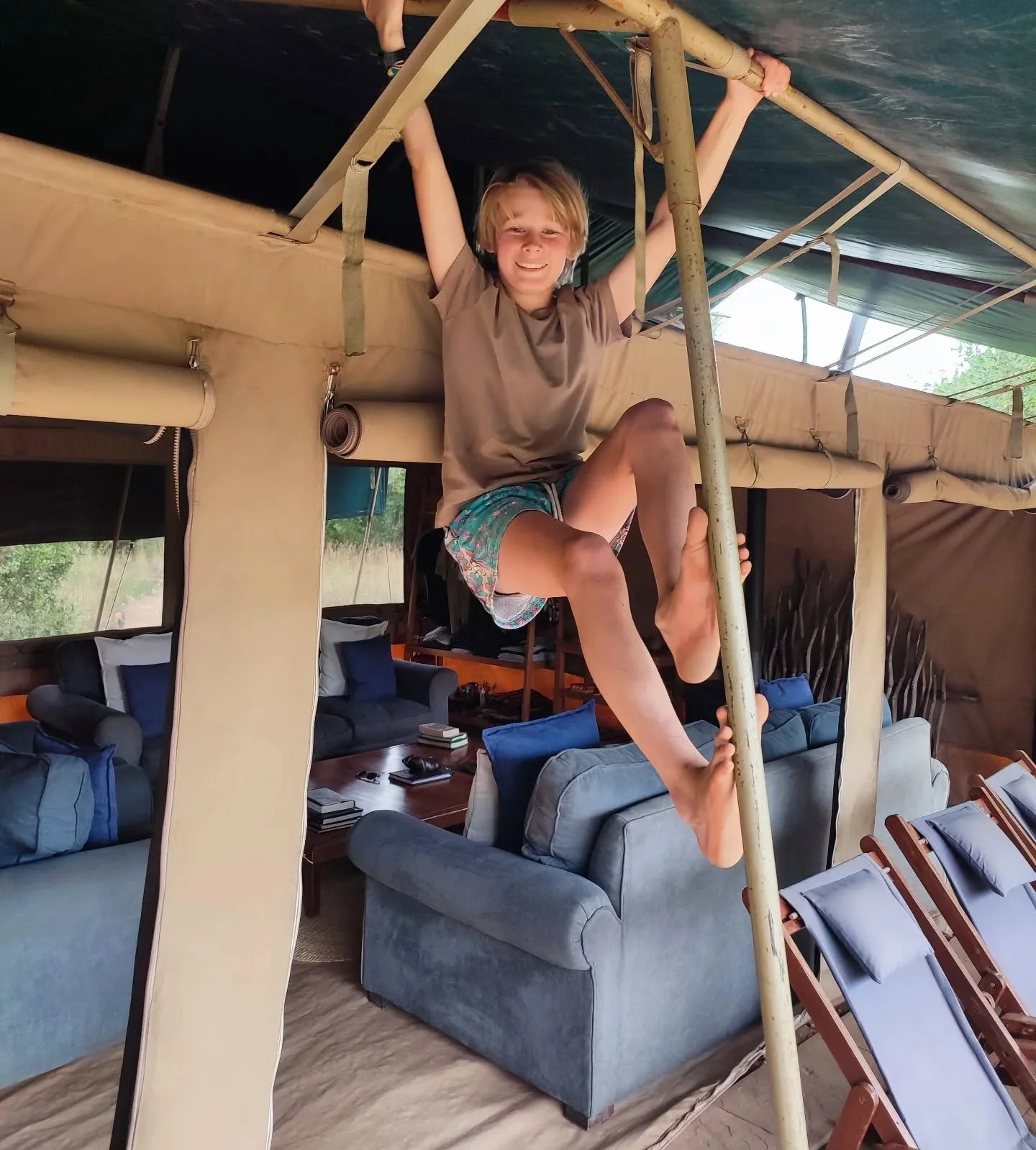 Monkey 🐒 invasion! Some cheeky monkeys are staying at Moon's Camp and they can't help but have fun jumping and climbing all over the mess tent! 

Luckily, we have plenty of families staying, all with children aged 5-13 so, as you can imagine, these 