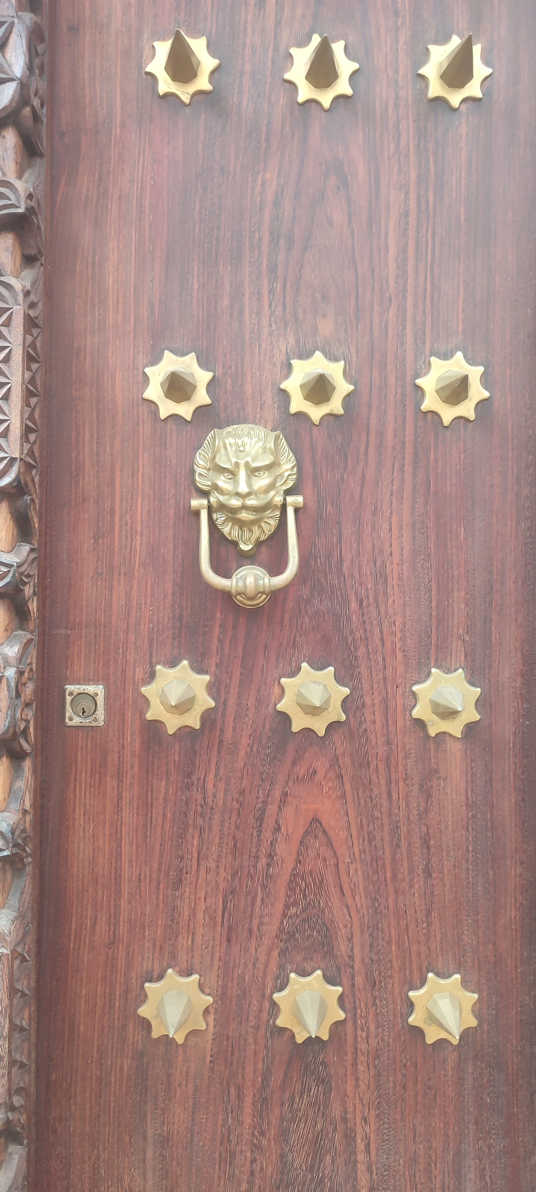 A wooden door with brass decorative elements, including a lion's head door knocker at the center and multiple star-shaped fixtures surrounding it.