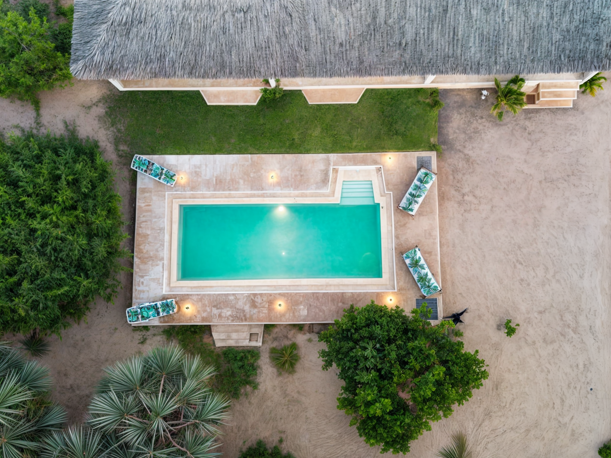 Overhead view of a backyard with a swimming pool, lounge chairs with tropical print cushions, lush green trees, and a thatched roof building.