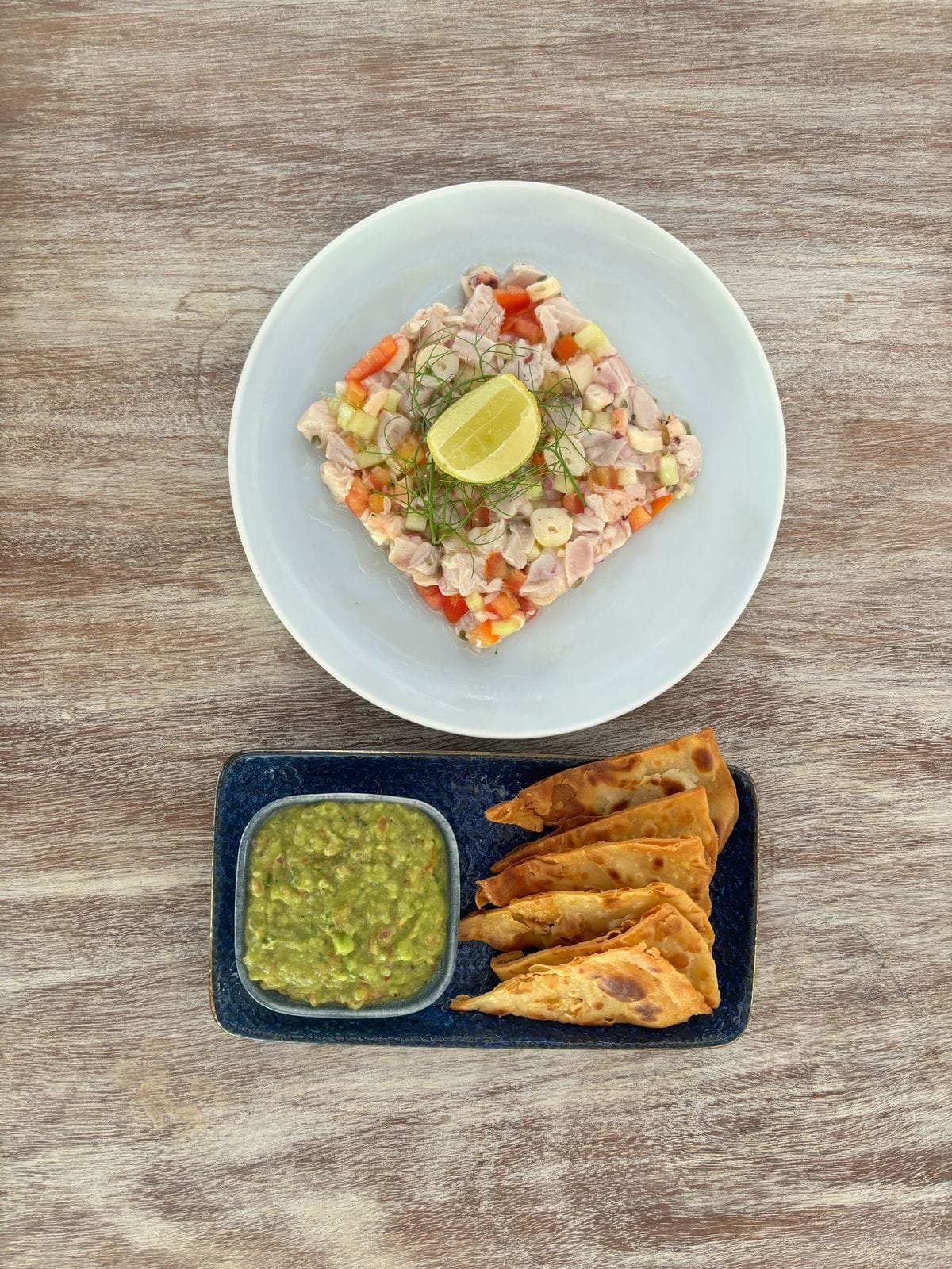 A white plate with a serving of ceviche garnished with a lemon wedge and herbs. Below the plate, there is a black tray holding a small bowl of guacamole and several pieces of fried or baked Empanadas.
