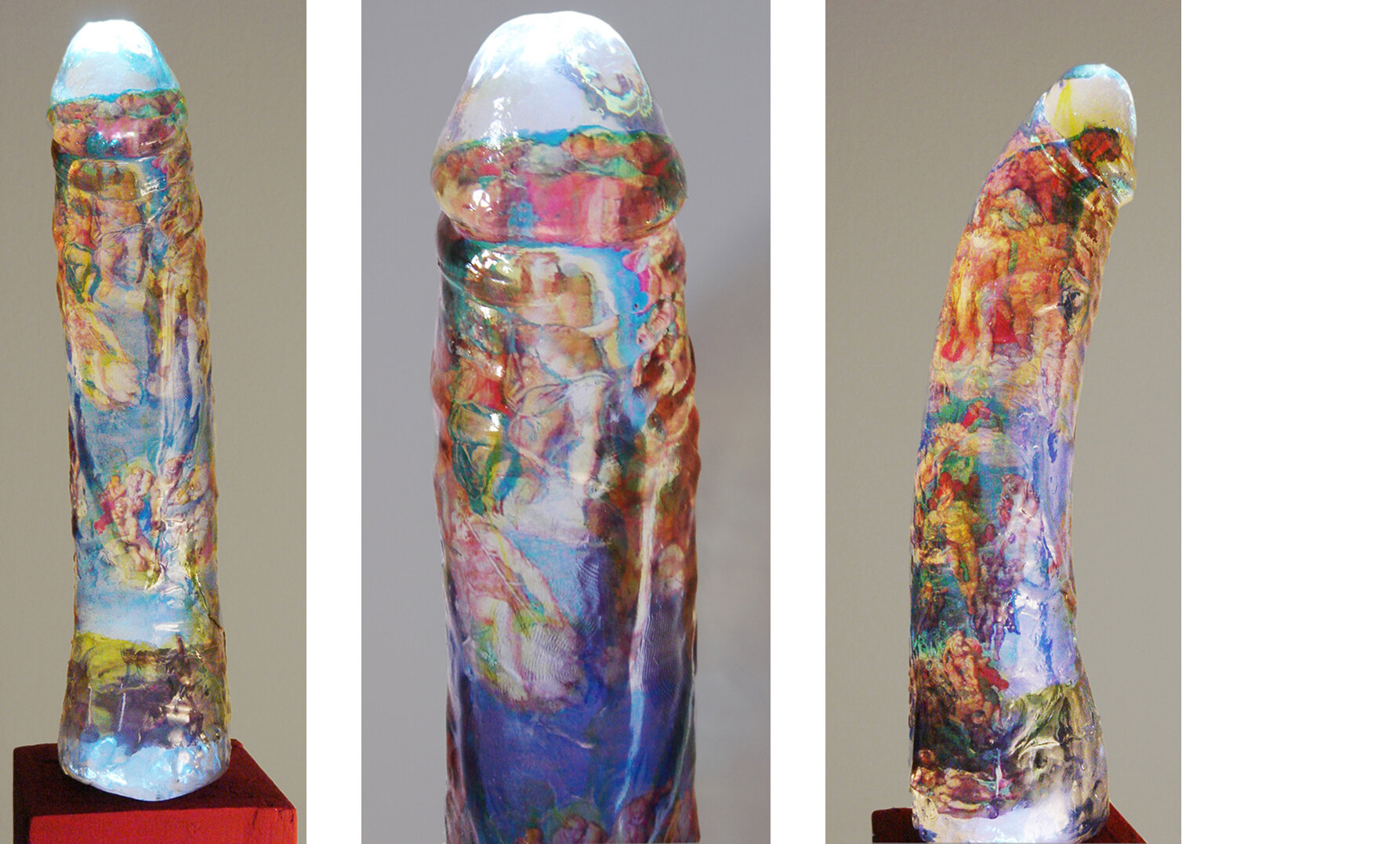   Modus operandi (2008) Loïc Martin   Epoxy resin, laser printing on acetate (1,6-1,9 ∅ x 7,5 inches/ 4-5 ∅ x 19 cm). Pedestal : wood , acrylic paint, led torch, chew, screws (4,3 x 2,3 x 2,3 inches / 11 x 6 x 6 cm) 