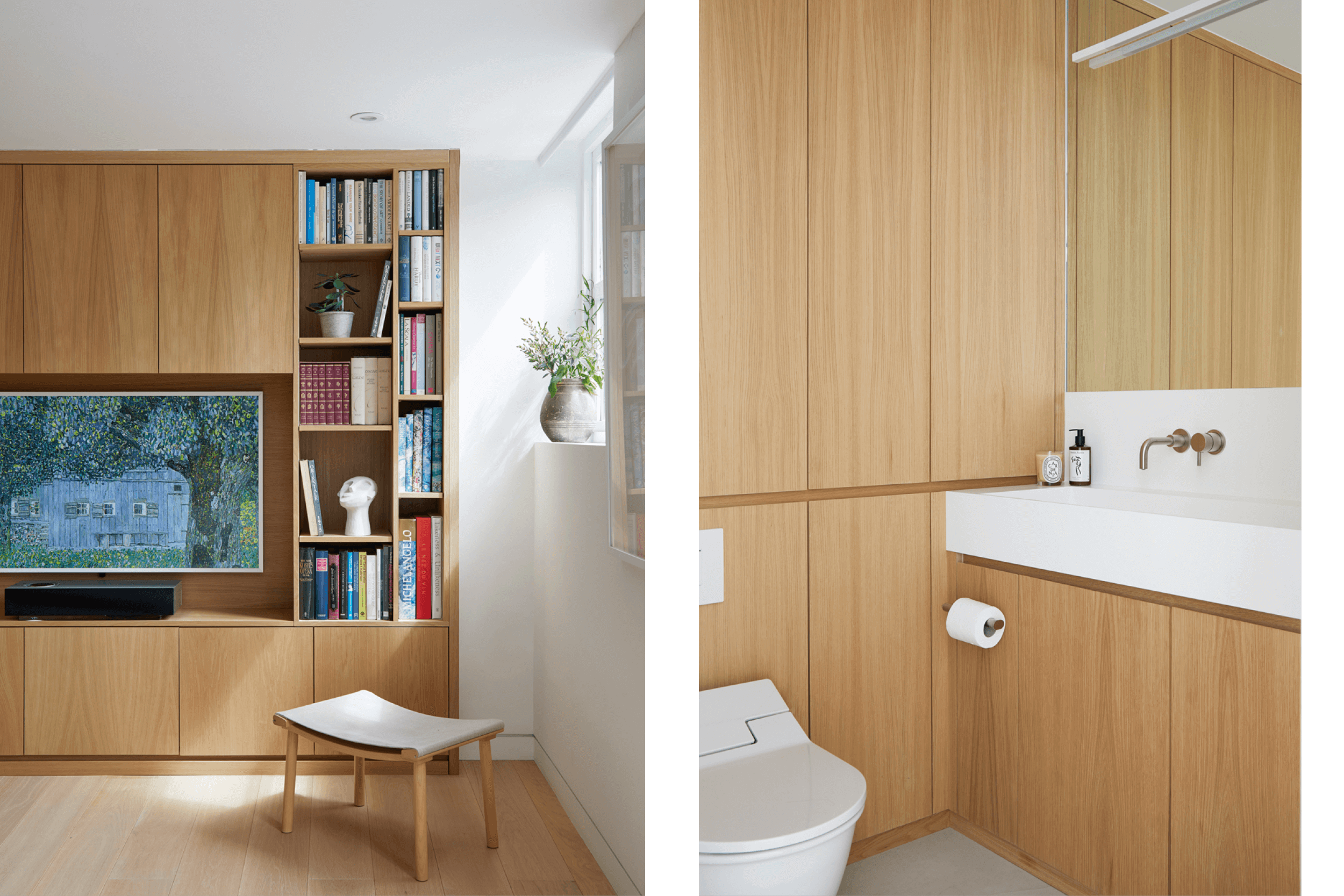 Custom oak media wall with integrated shelving and concealed storage, designed to maximise space while creating a calm and timeless living room.