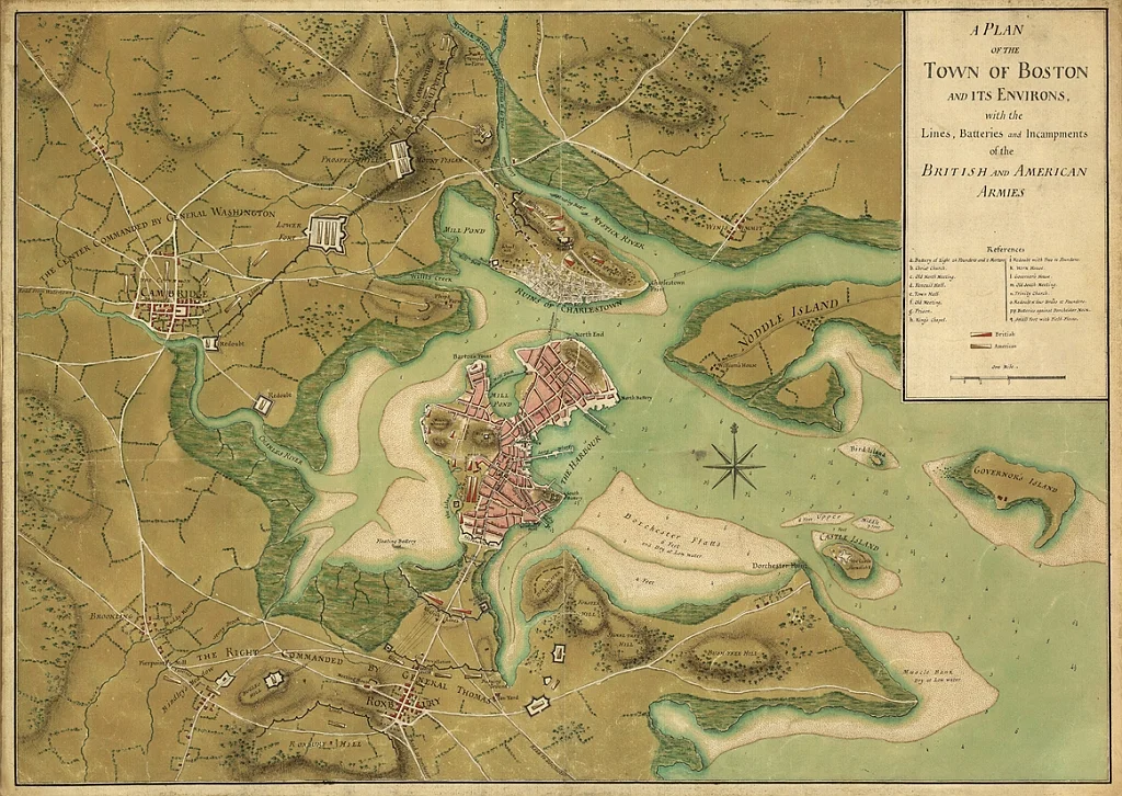 A Plan Of The Town Of Boston And Its Environs, With The Lines, Batteries, And Incampments Of The British And American Armies. Page, Thomas Hyde, Sir, 1746-1821. Published, 1776.