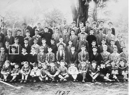 John F. Kennedy (circle) and older brother Joseph Patrick (square), pictured in 1927 shortly after enrolling in the Dexter School (Source: thosekennedys.tumblr.com)