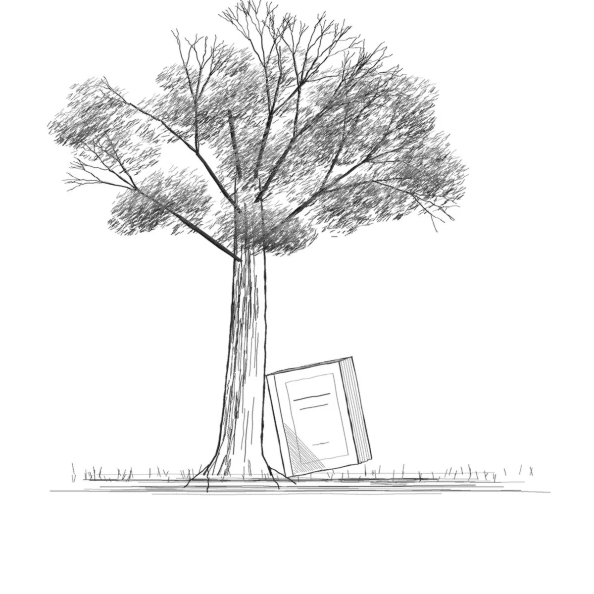 Pen sketch of a tree with a book leaning against its trunk