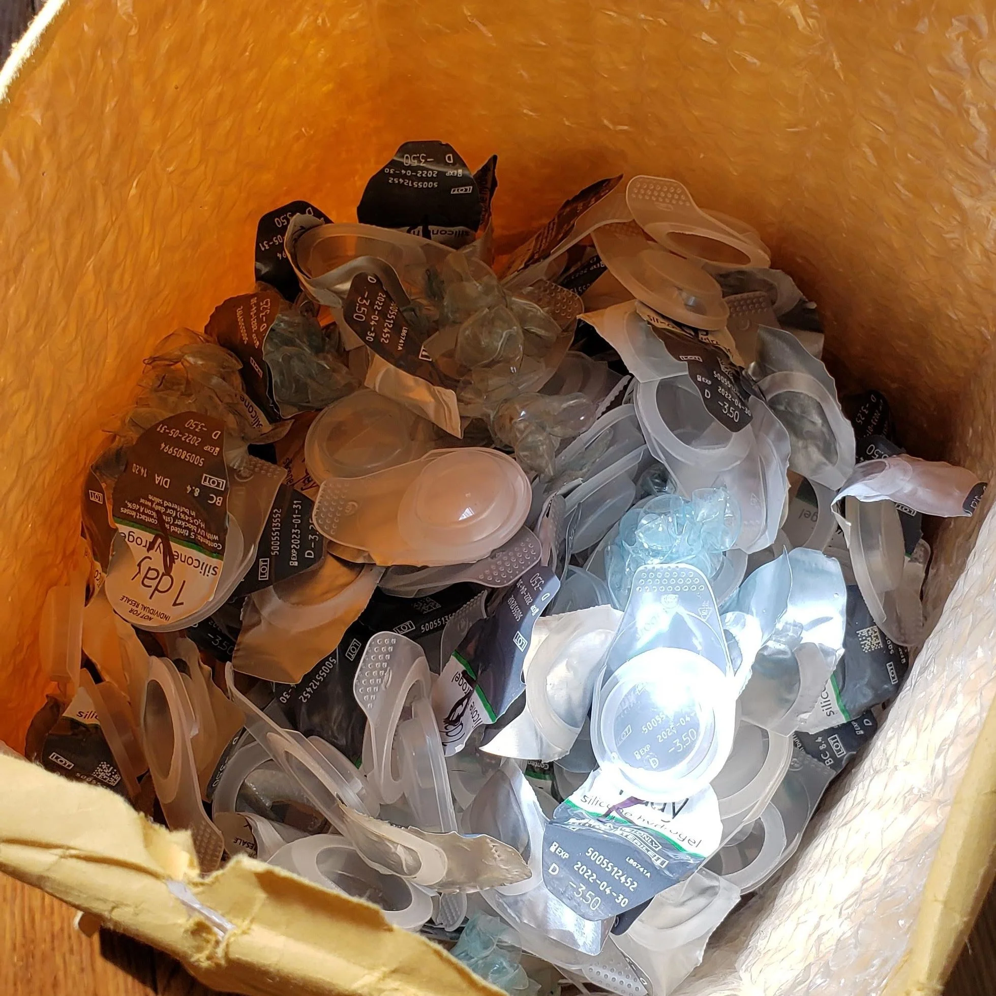My contact lens waste stash ready to be shipped.