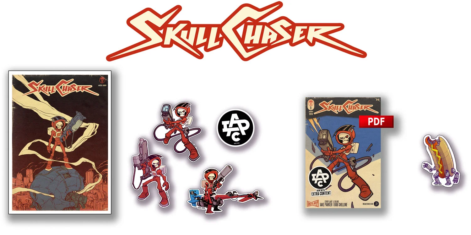 FEATURED ARTIST: JAKE PARKER CONTAINS: ADC-001: ADC Logo sticker (3”), ADC-002: SKULLCHASER STICKER 1 (4”), ADC-003: SKULLCHASER STICKER 2 (4”), ADC-004: SKULLCHASER STICKER 3 (4”), ADC-005: SKULLCHASER PRINT (7.5” X 10.5”), Digital Download code for SKULLCHASER ISSUE #1 PDF (60 pages, 300dpi), ADC-059: HOTDOG ROBOT (1 of 3 FOOD-BOT STICKERS, TACO ROBOT & HAMBURGER ROBO included in the FEBRUARY & MARCH ART DROPS). + 1 DROP WILL CONTAIN A PIECE OF ORIGINAL ART BY JAKE PARKER .