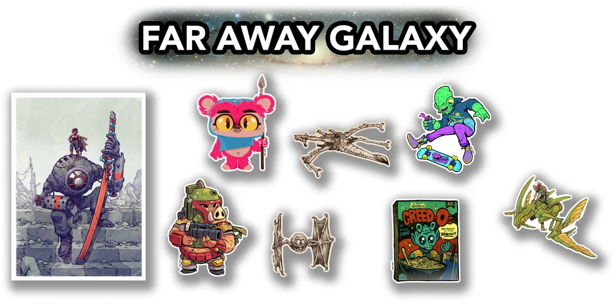 COLLABORATIVE ART DROP CONTAINS: ADC-026: BATTLE BEAR STICKER by ERIN HUNTING , ADC-027: GREED-Os STIKCER by LEVI PREWITT , ADC-028: RADMIRAL STICKER by AARON PAINTER , ADC-029: BOAR-BA FETT STICKER by DEREK LAUFMAN , ADC-030: X MONSTER SHIP STICKER and ADC-031: TIE MONSTER SHIP STICKER by JAKE PARKER , ADC-032: FAR AWAY GALAXY PRINT (7.5” X 10.5”) by JAKE PARKER , ADC-064: BUG WARRIOR 2 (2 of 4 BUG WARRIOR STICKERS) by JAKE PARKER . +1 DROP WILL CONTAIN A PIECE OF ORIGINAL ART BY JAKE PARKER