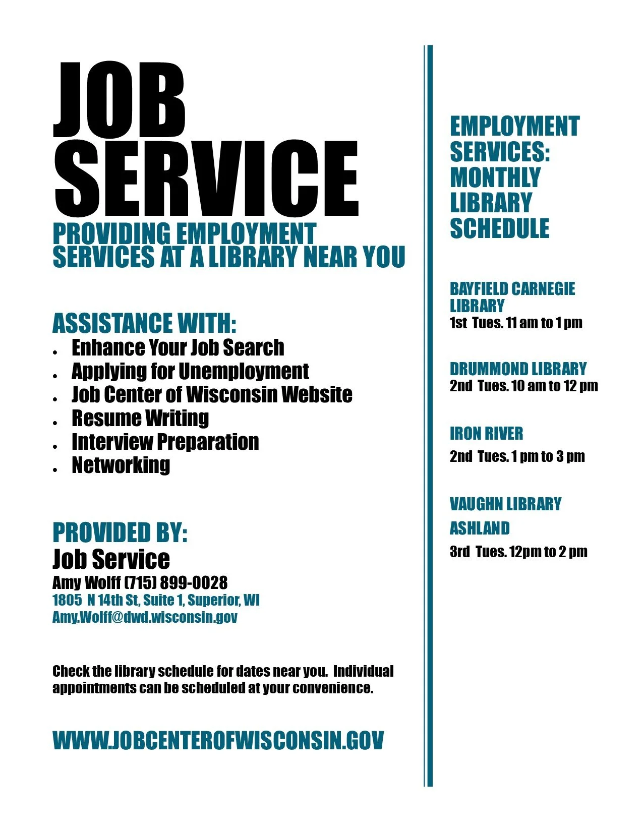 JOB SERVICE - EMPLOYMENT SERVICES 2nd Tues. 1 pm to 3 pm
