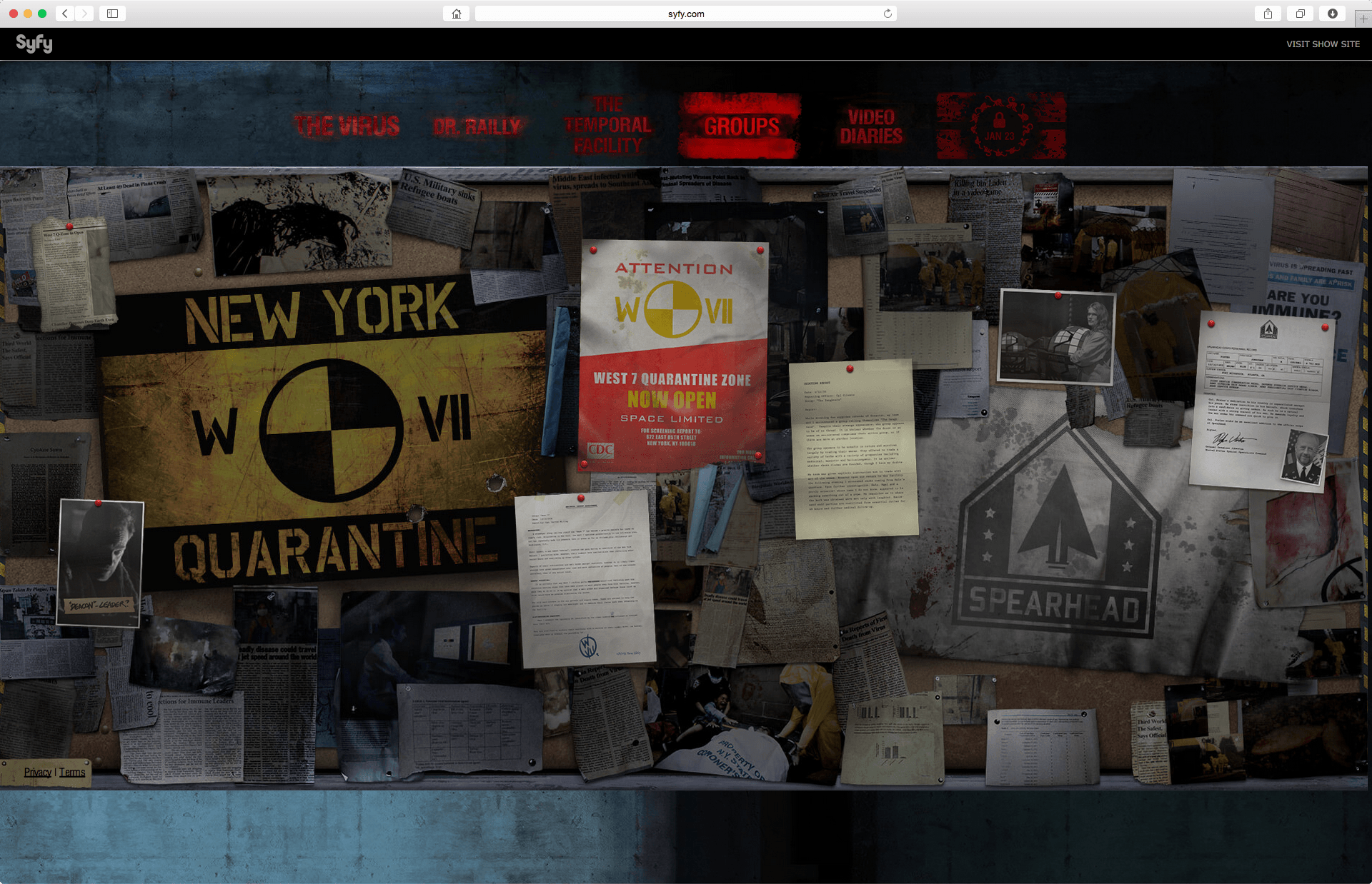 The wall of information on the main organized Groups in show's story.