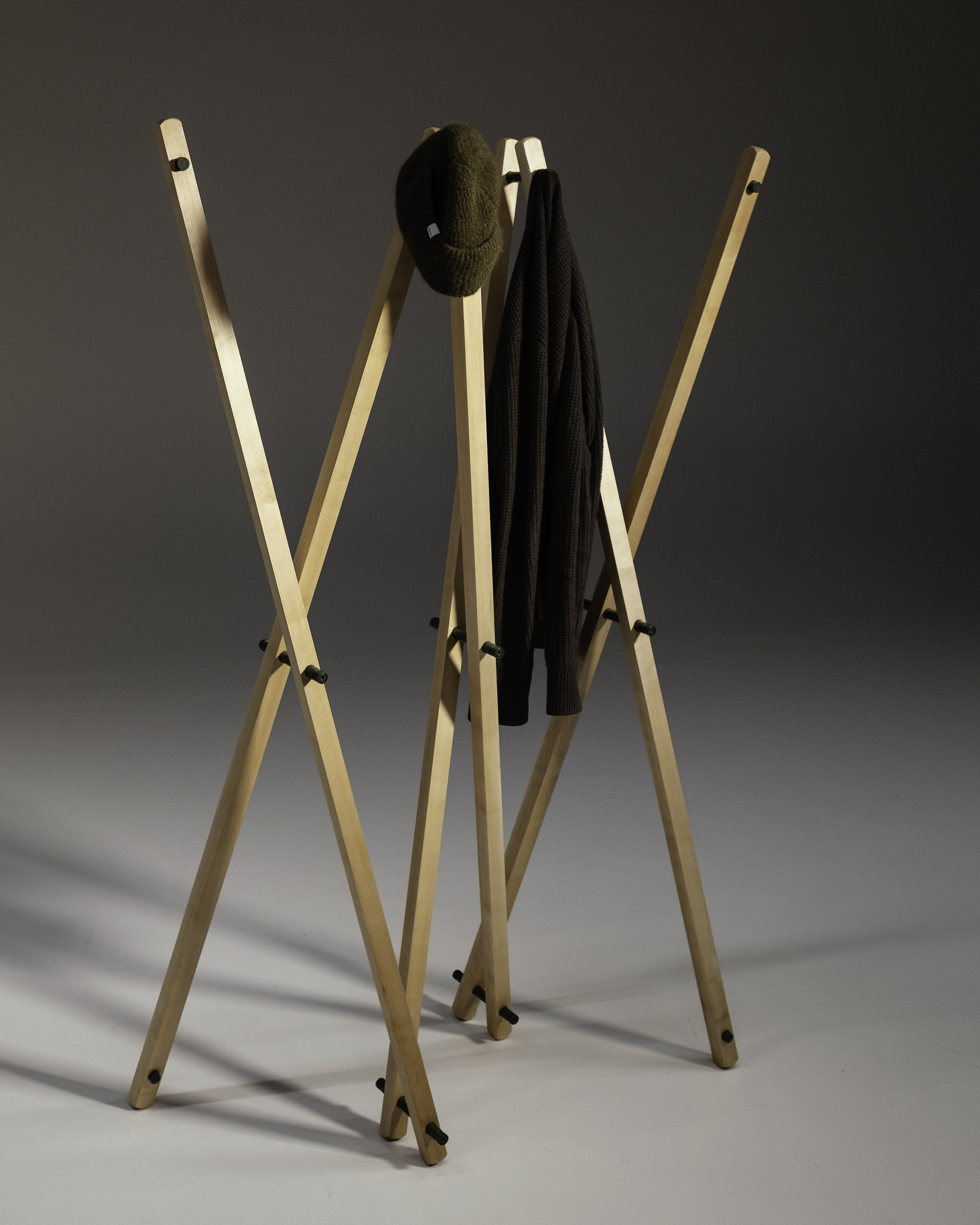 Prototype of the structure is made out of Finnish birch bars and steel joints. It can be used to hang things such as hats or planters. It doesn’t have a definite function yet. Does it really need one?