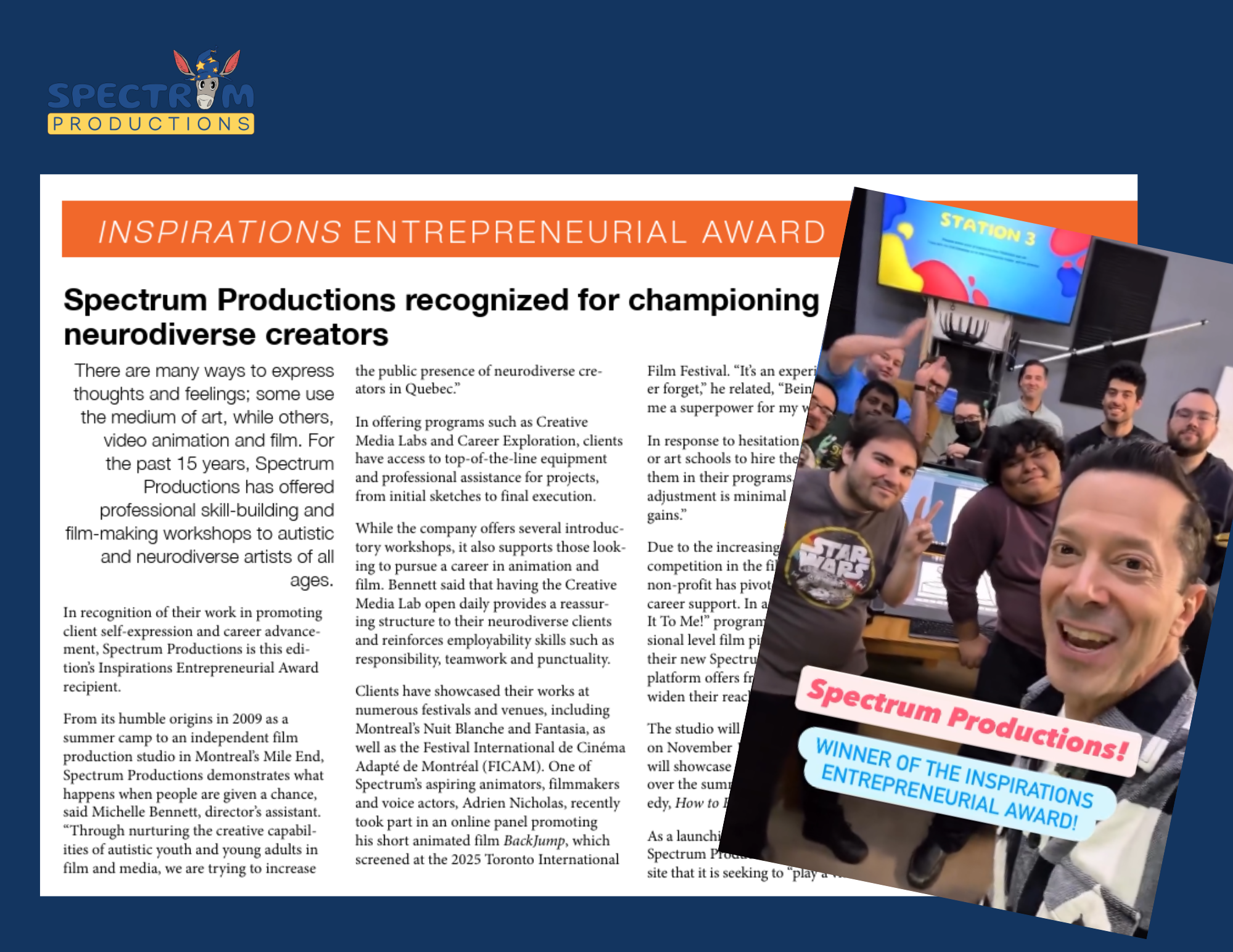 SPECTRUM PRODUCTIONS WINS INSPIRATIONS ENTREPRENEURIAL AWARD