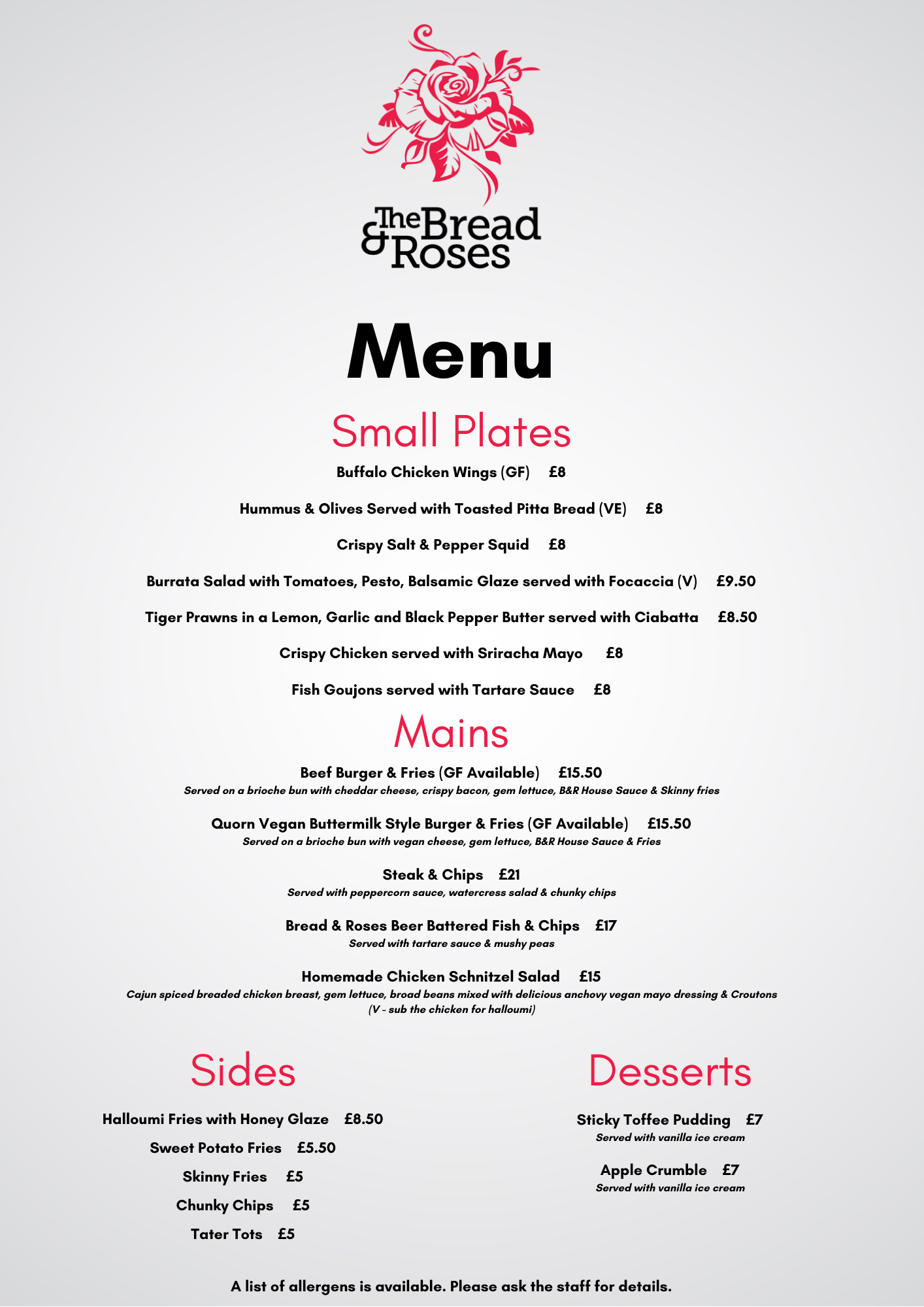 Menu — Bread and Roses