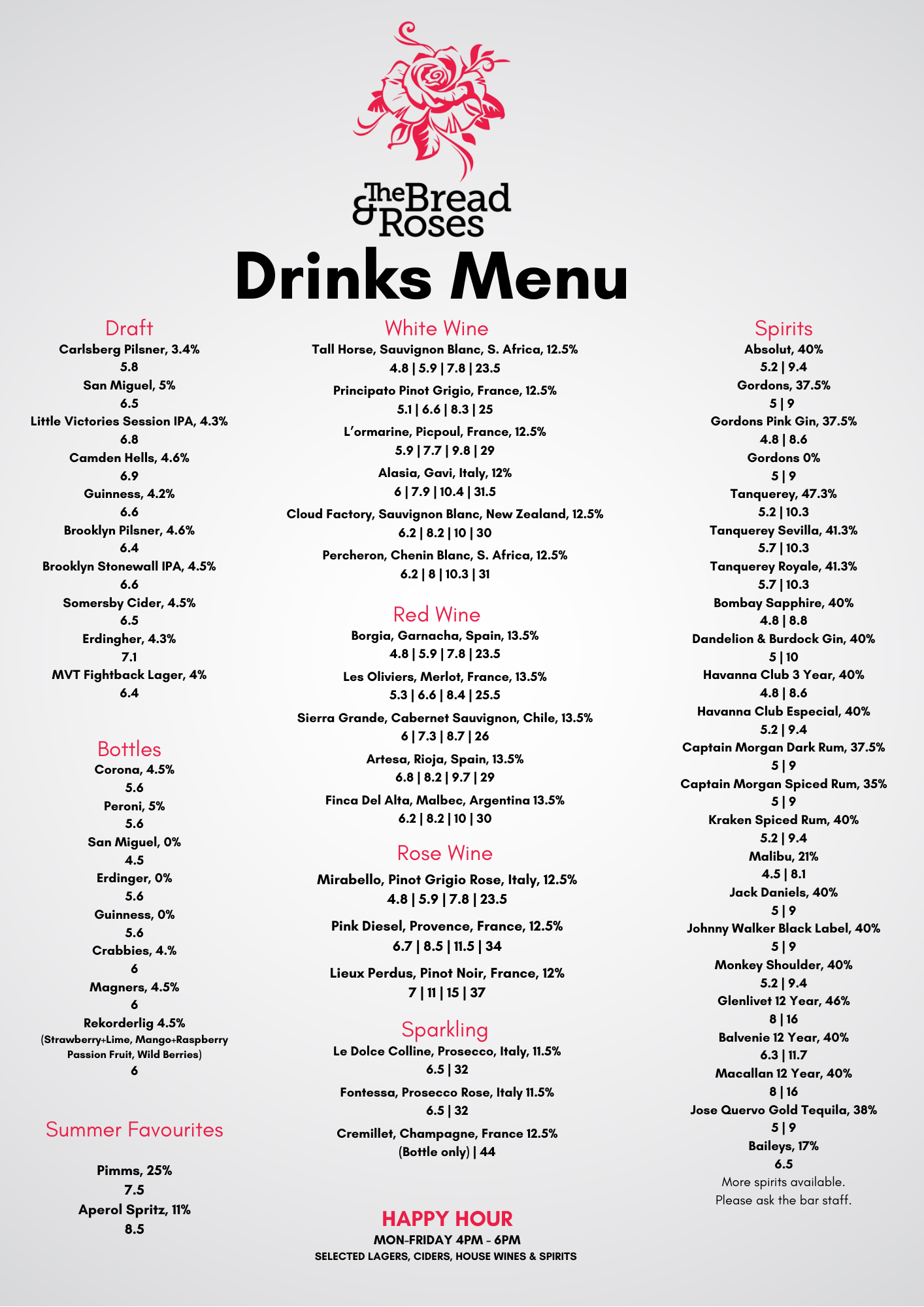 Menu — Bread and Roses