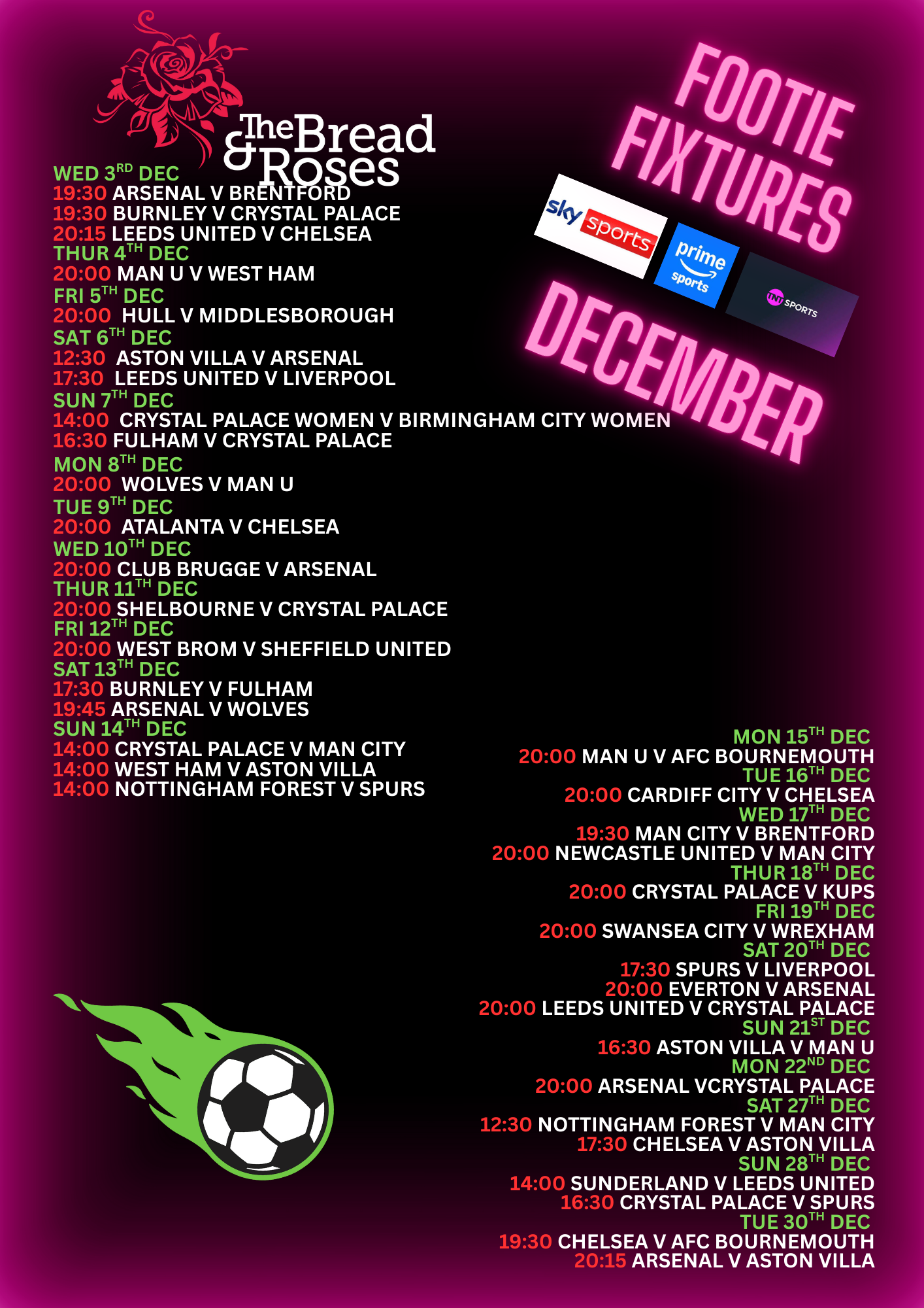 December Football Fixtures — Bread and Roses
