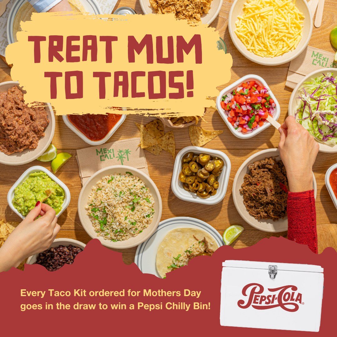 Take over the cooking this Mother&rsquo;s Day and grab a Taco Fiesta Kit from Mexi! We won&rsquo;t tell mum you didn&rsquo;t actually do any cooking 😉
Plus every Fiesta Kit ordered for pickup on Sunday 12th May goes in the draw to win a Pepsi Chilly