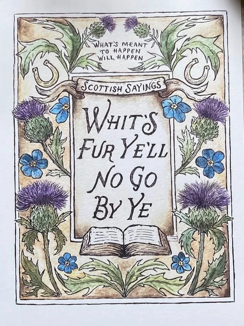 2025: A year of lessons.

2026: A year to CREATE. 

BRING. IT. 

✨🔥🦋❤️🎵🪐🙏

Alt text: A picture with hand-drawn Scottish thistle flowers, with the Scots text &ldquo;Whit&rsquo;s for ye&rsquo;ll no go by ye&rdquo;, meaning &ldquo;whatever&rsquo;s 