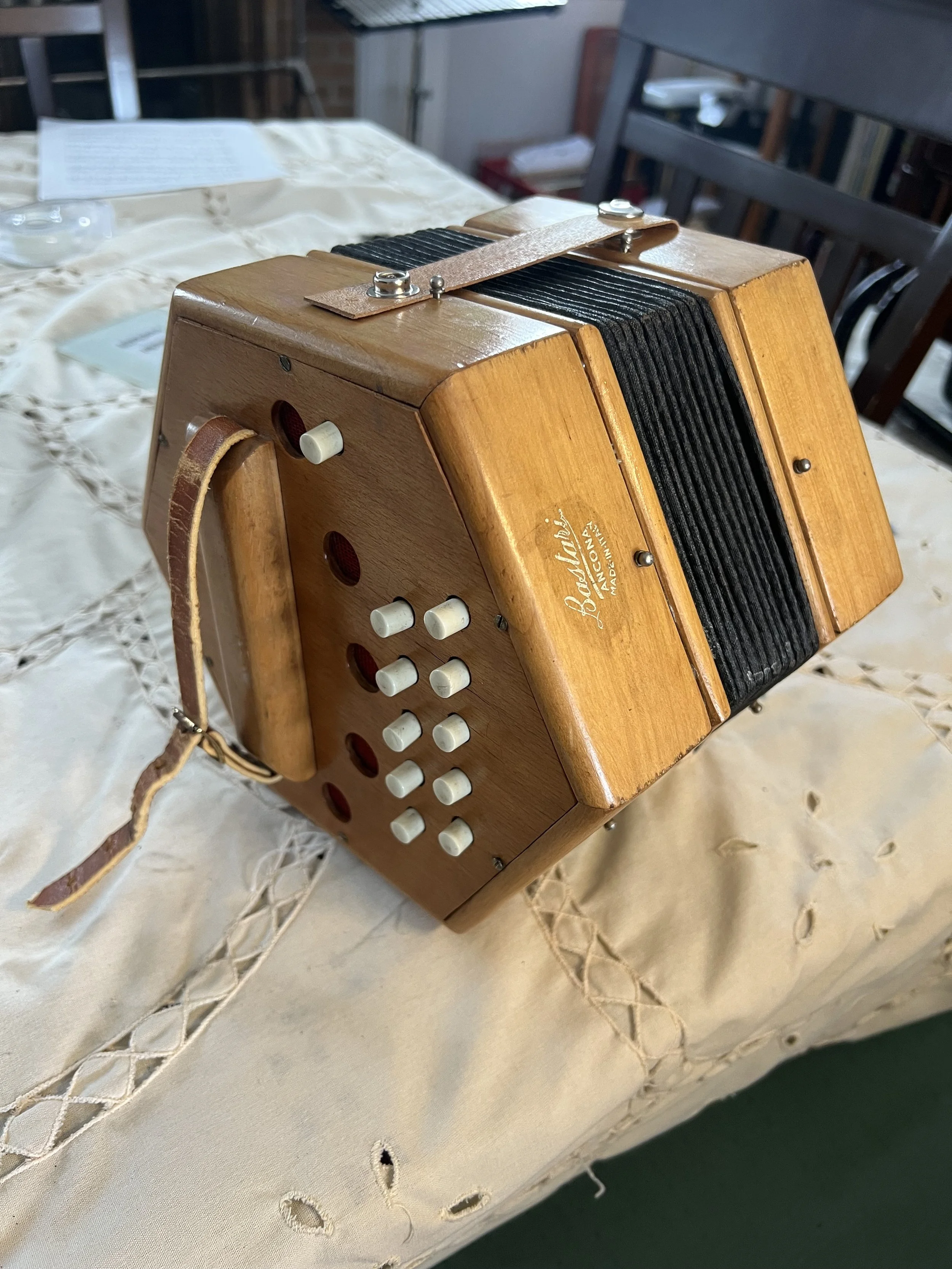 Bastari Angle Concertina Folk music 10 button key of C and G brown wood accordion accordeon English Irish Celtic fisarmonica harmonica music musician small instrument pirate sea shanty play bellows Scottish England Italian Italy bellows Bastari strap