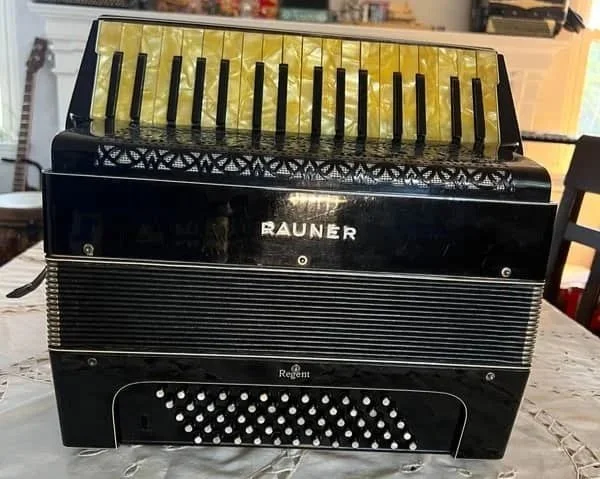 Rauner German Accordion 60 bass regent model accordeon fisarmonica harmonica small 37 piano keys Germany Italy black wet musette tuning for sale rental buy shipping delivery band polka tiny light weight student model intermediate register switches b