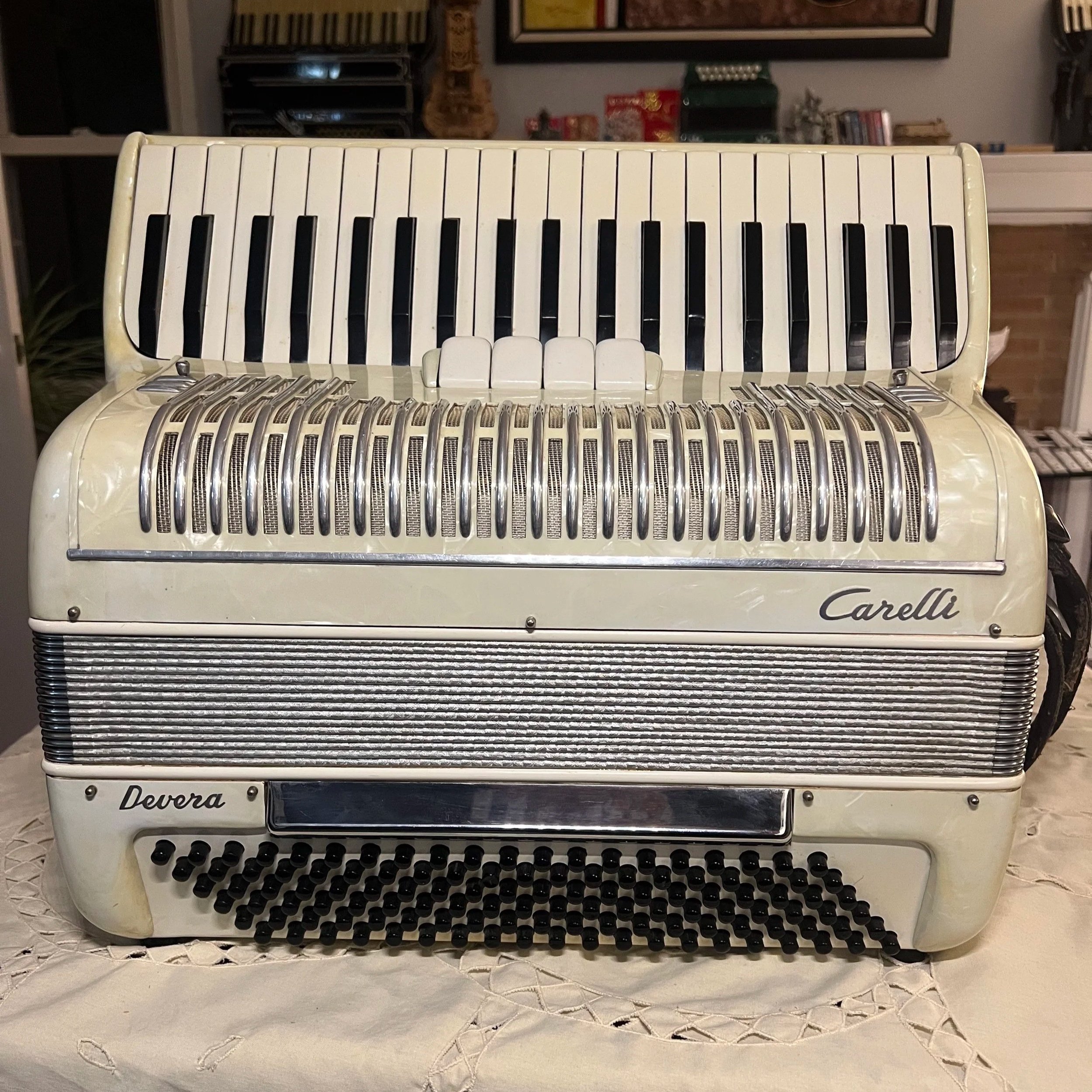 Piano Accordion White Italian Carelli Devera 120 bass 41 piano keys music Italian made accordion register switches musette wet dry tuned Italy manufactured small large sized portable instrument fisarmonica polka band