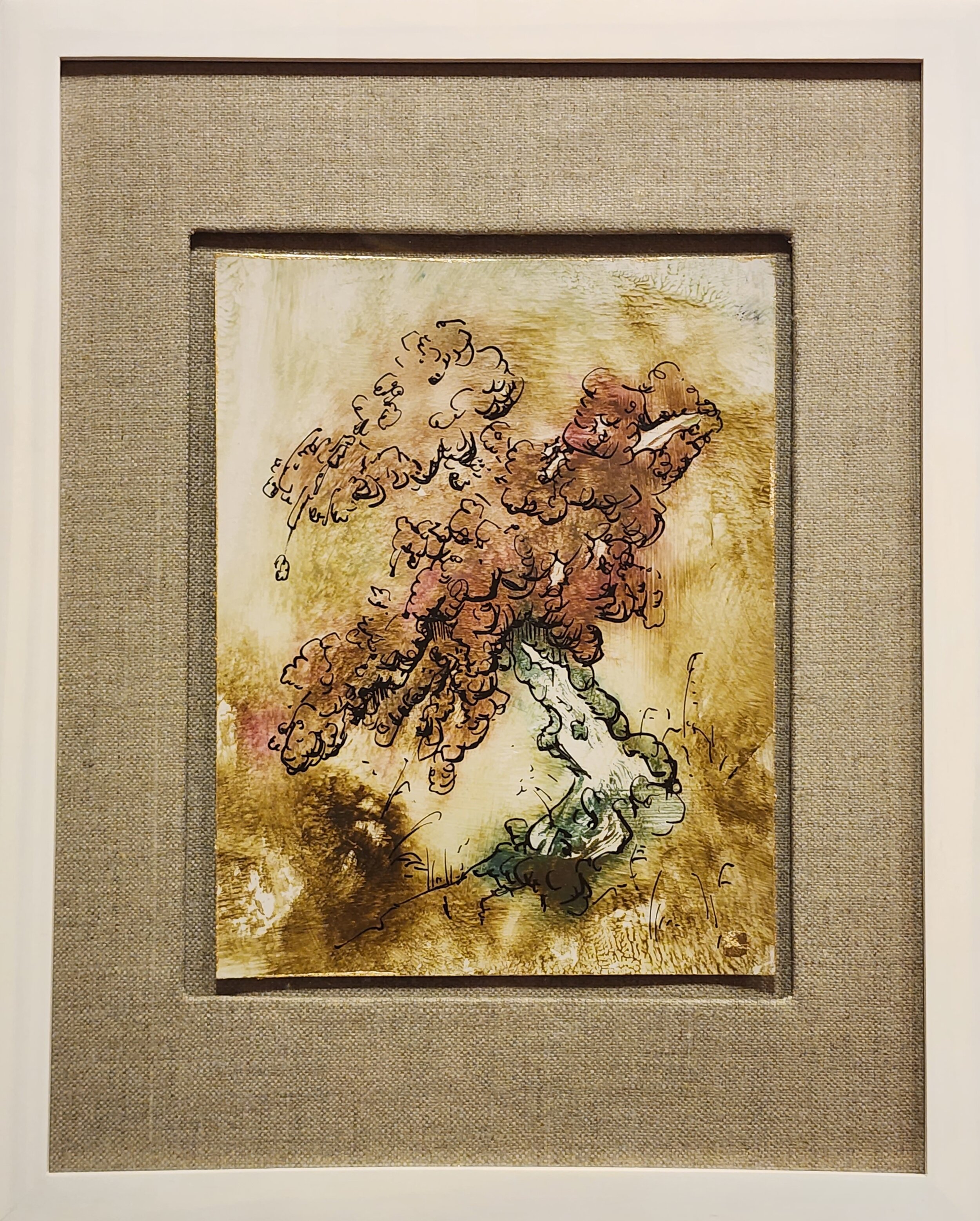 “Tree #5…”    9”x7” (unframed)  monotype on marble plastered 180 lb hot press watercolor paper with applied ink and gold leaf.  2024  .