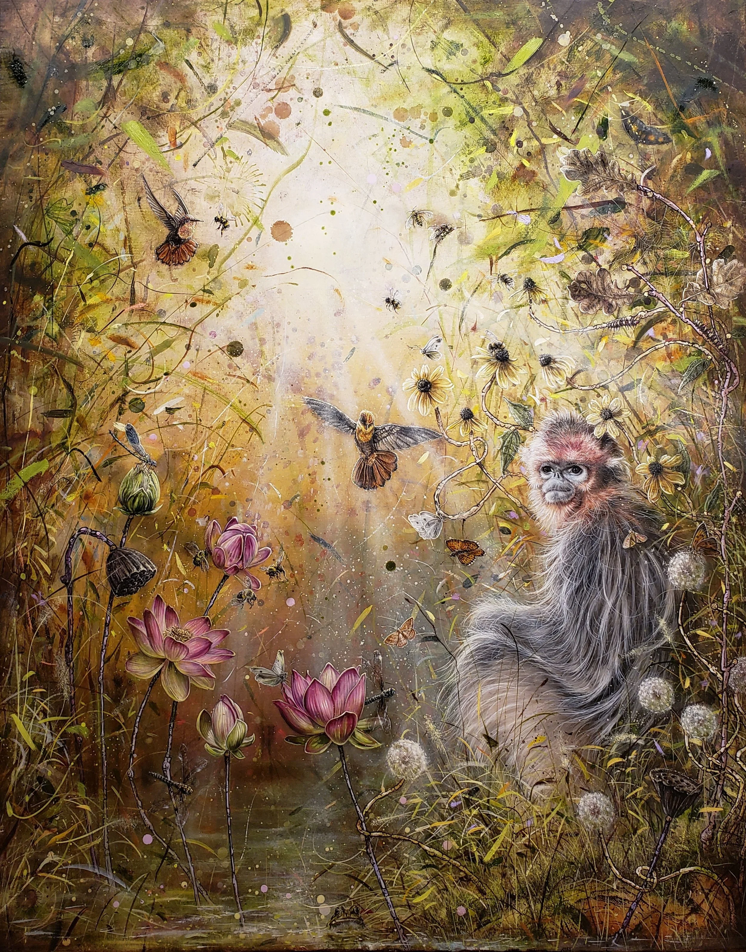 “Frogie’s swimming hole…” 40”x32” oil on marble plastered jute with applied gold leaf, ink and hand polished cold wax 2022 .