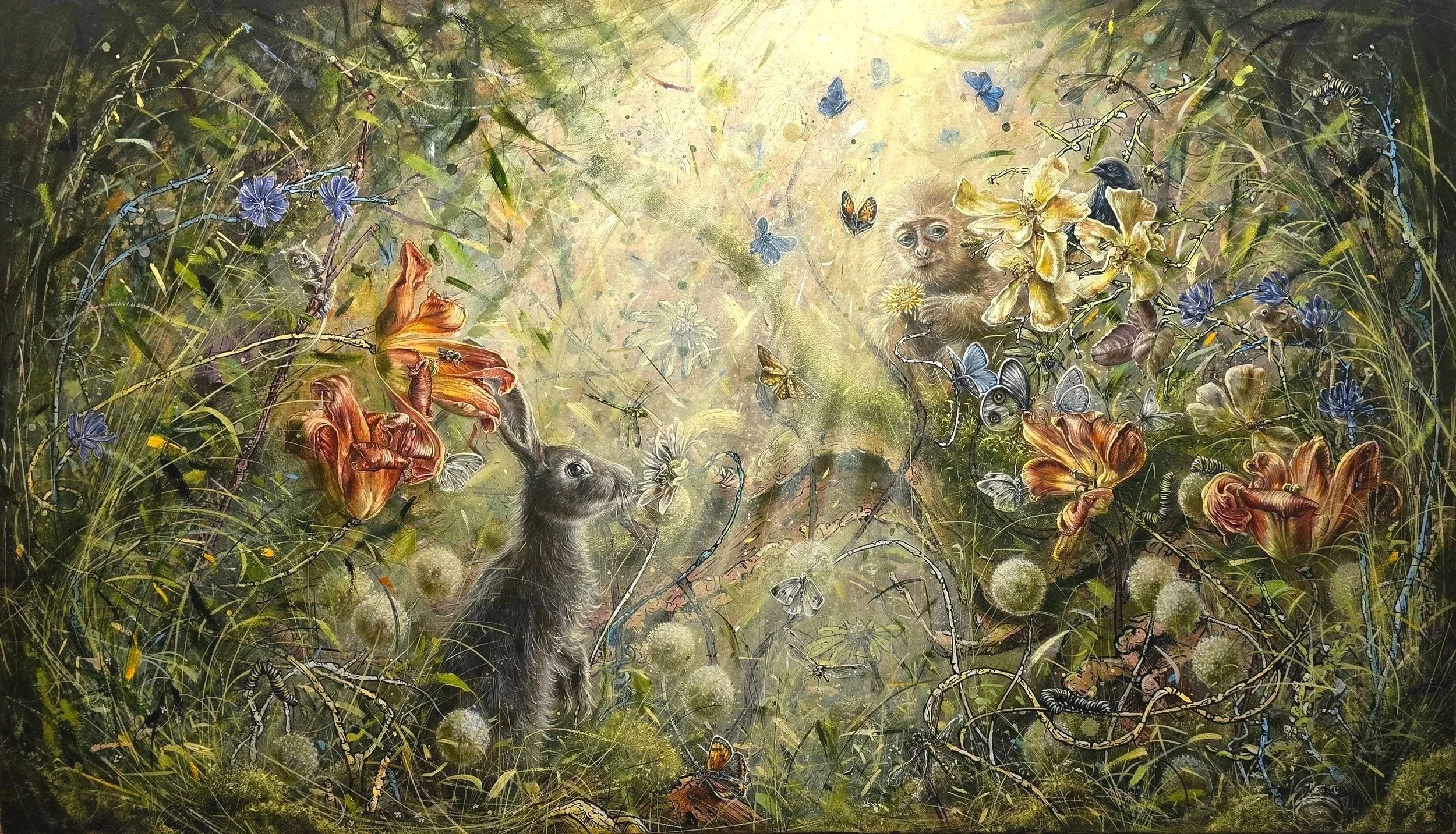 “Find the glimmer…” 24”x48” oil on marble plastered jute with applied gold leaf, ink and hand polished cold wax 2025 .