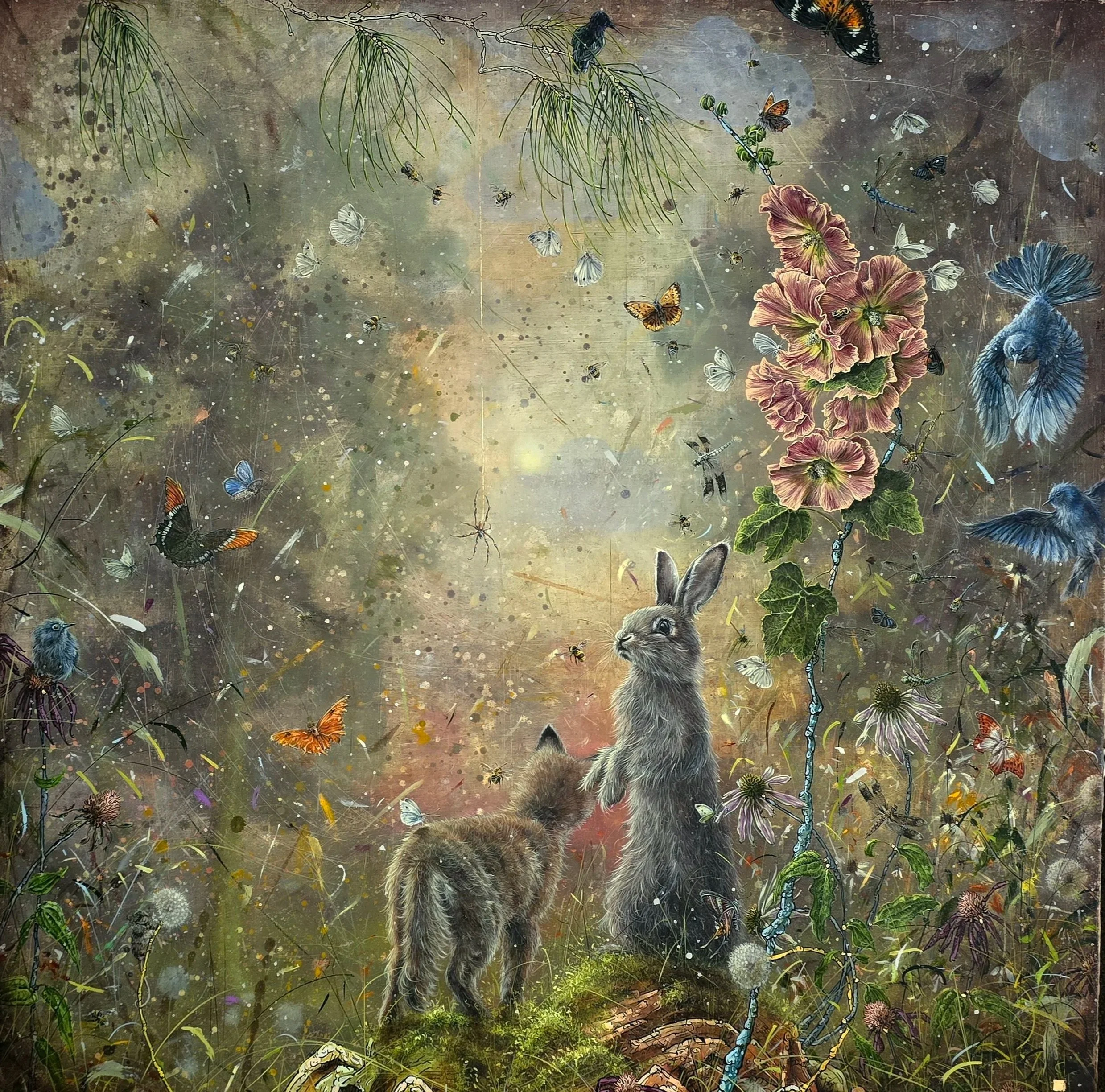    “You can feel happiness return…”    40”x40”  oil on marble plastered jute with applied gold leaf, ink and hand polished cold wax  2026  . 