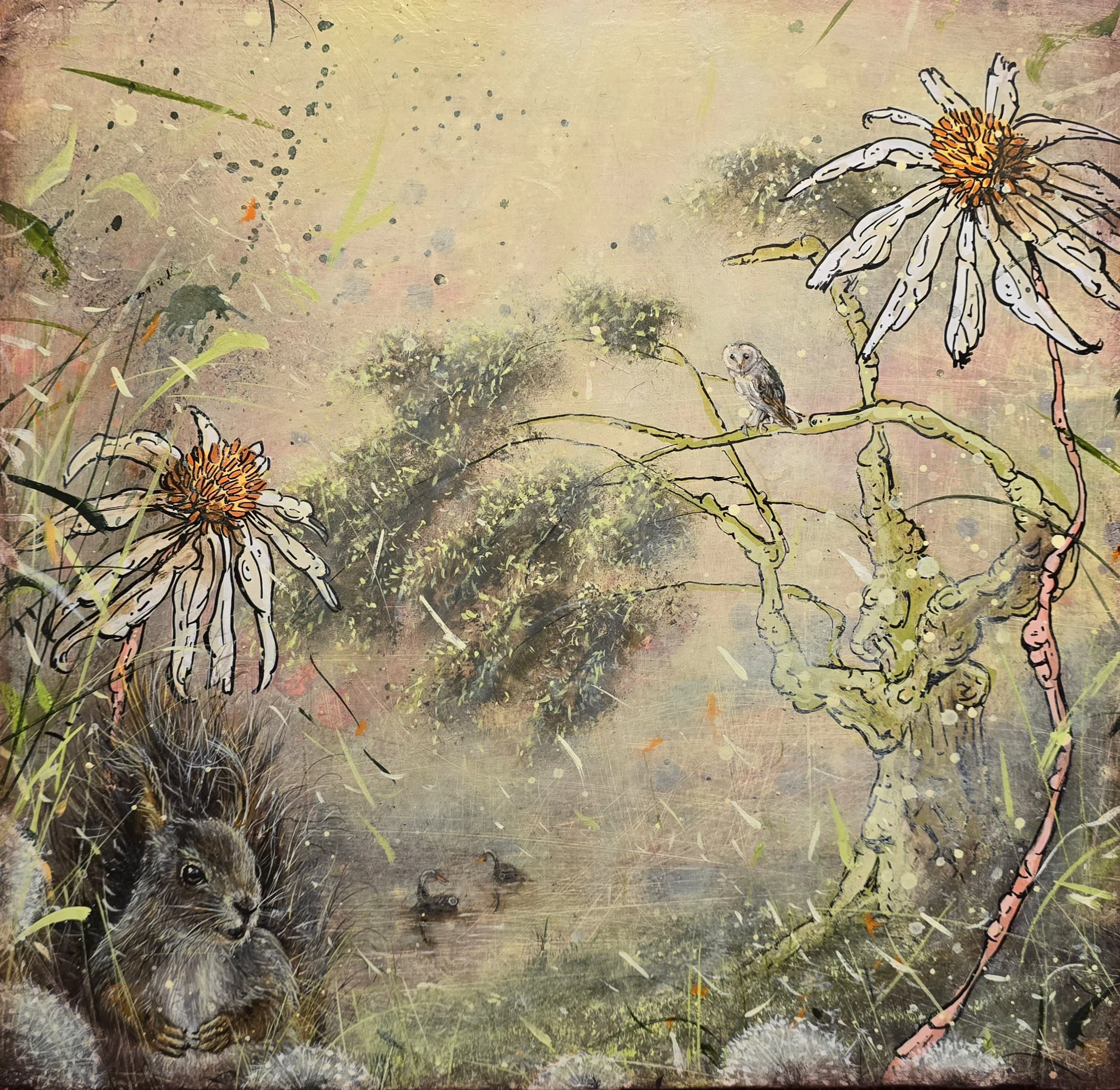    “Watching the lovers…”    12”x12’  oil on marble plastered jute with applied gold leaf, ink and hand polished cold wax  2026  . 