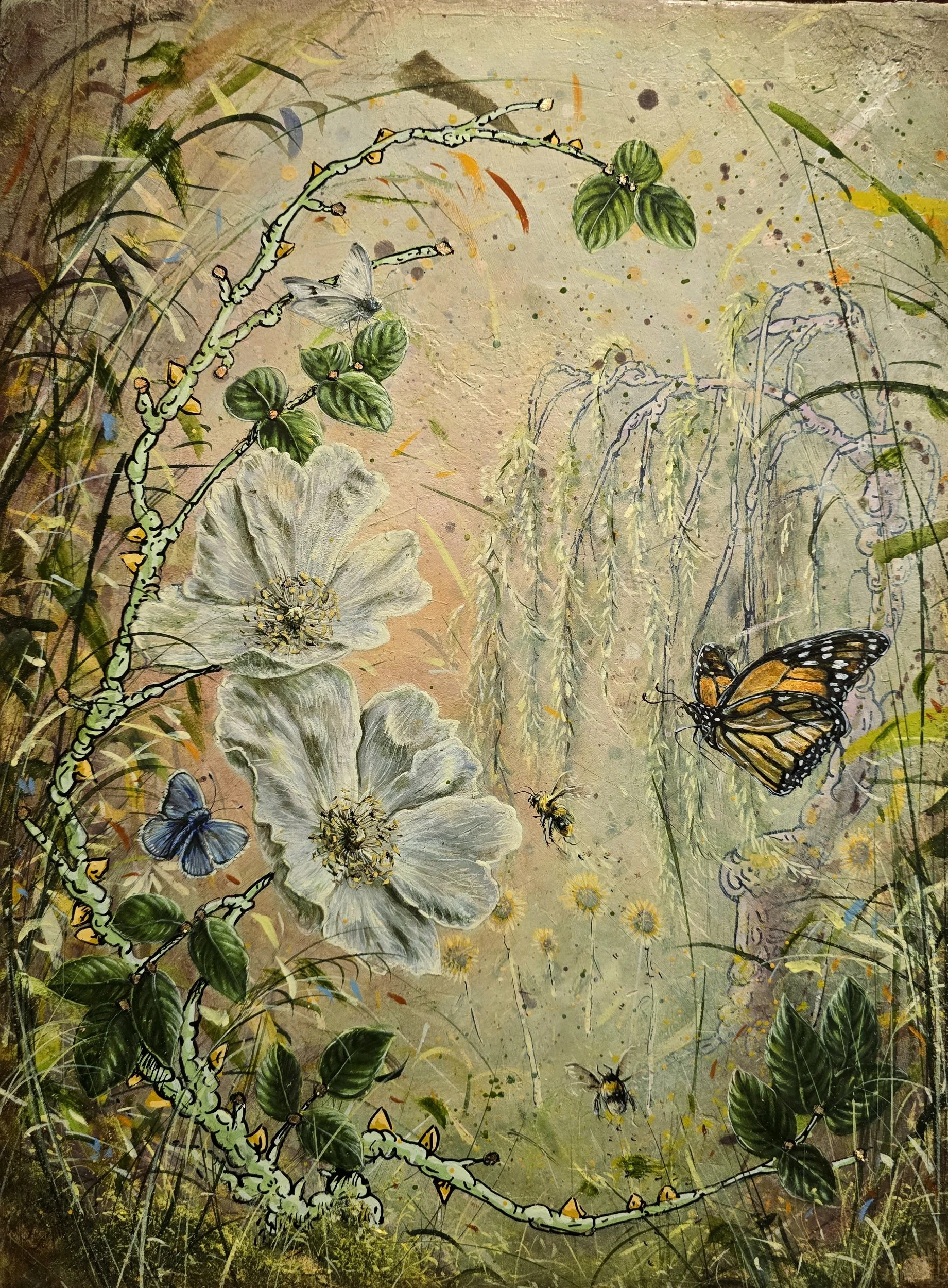    “Finding the love of spring…”    16”×12”  oil on marble plastered jute with applied gold leaf, ink and hand polished cold wax  2026  Private Collection  . 