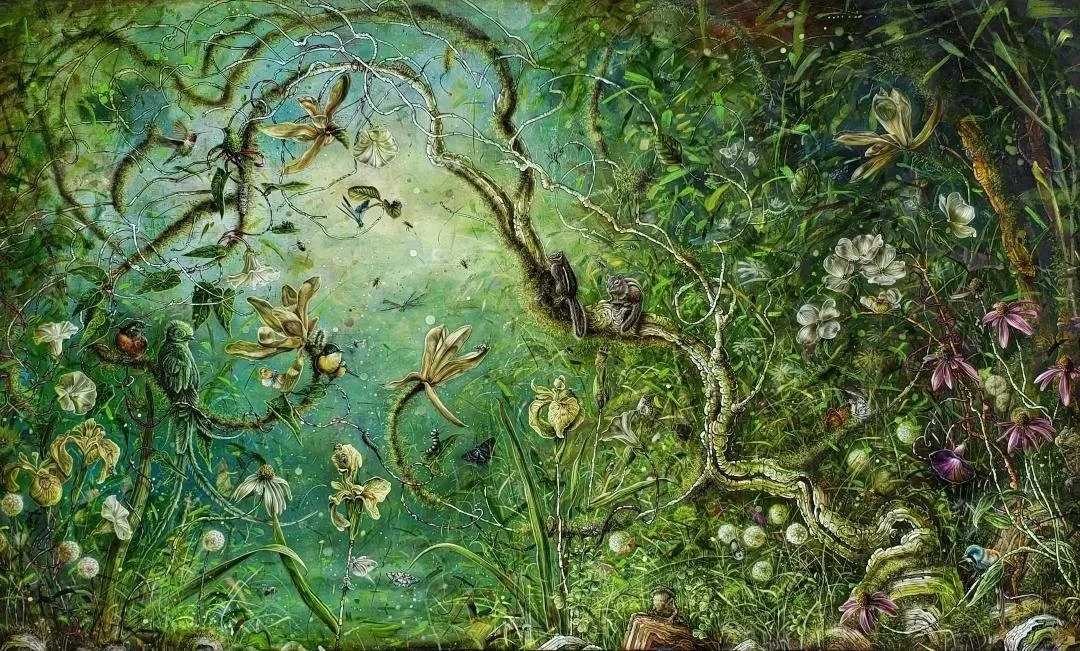    “A garden’s revolution…”    43”x70”  oil on marble plastered jute with applied gold leaf, ink and hand polished cold wax  2022  . 