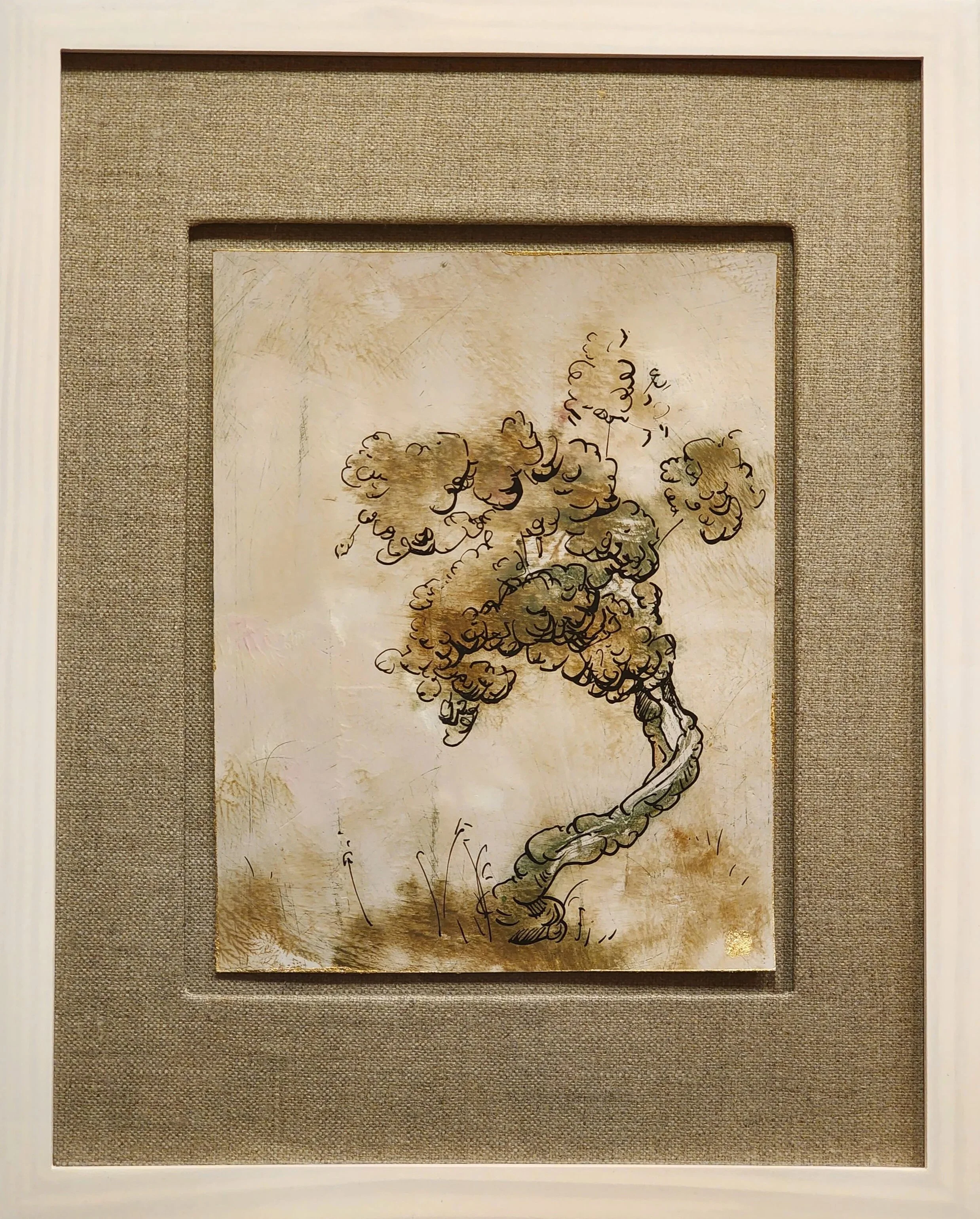    “Tree #1…  ”  9”x7” (unframed)  monotype on marble plastered 180 lb hot press watercolor paper with applied ink and gold leaf.  2024  . 
